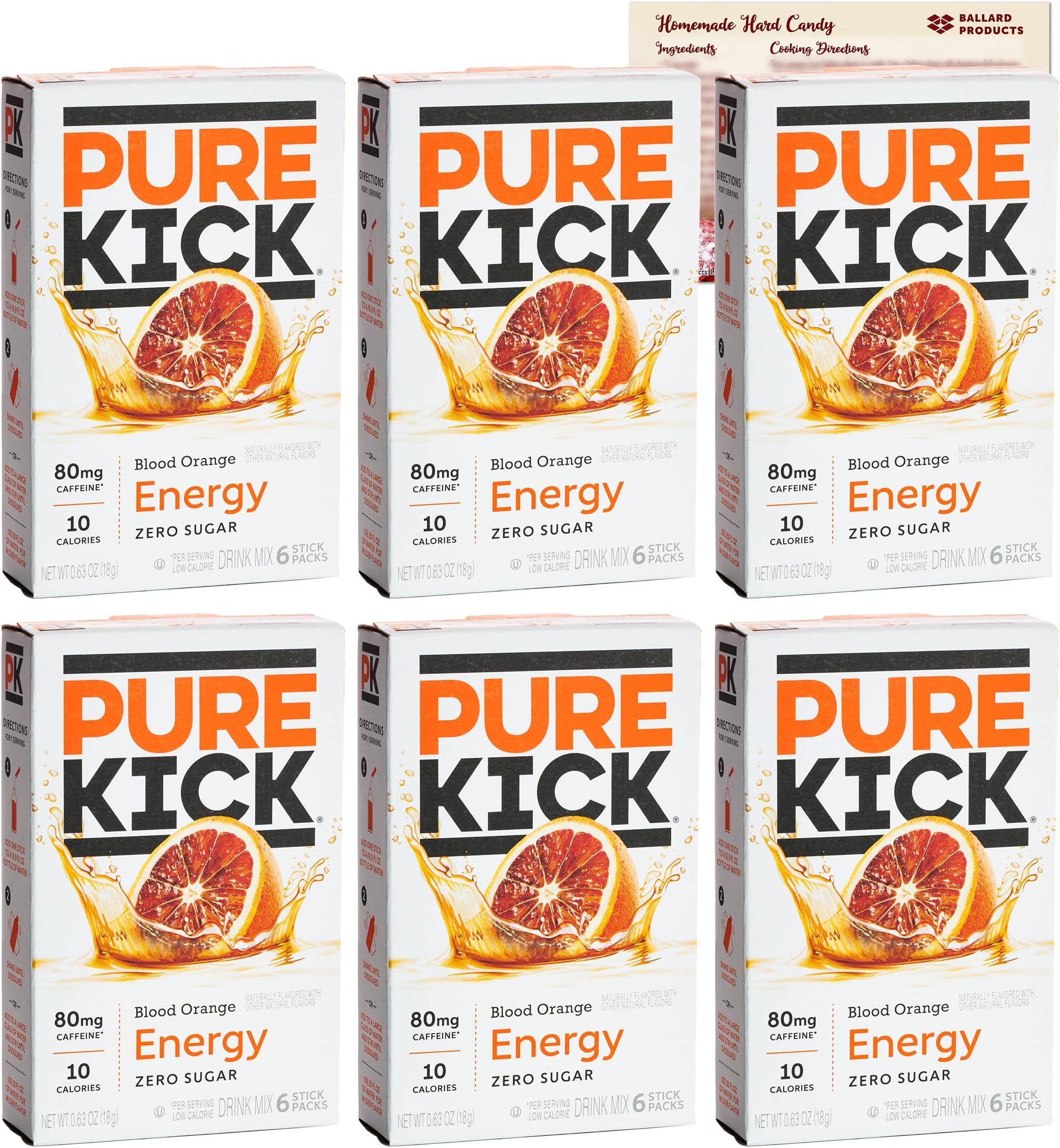 Pure Kick Energy Drink Mix Packets With Caffeine - Bundle with Ballard Hard Candy Recipe Card (Blood Orange, 6 Pack)