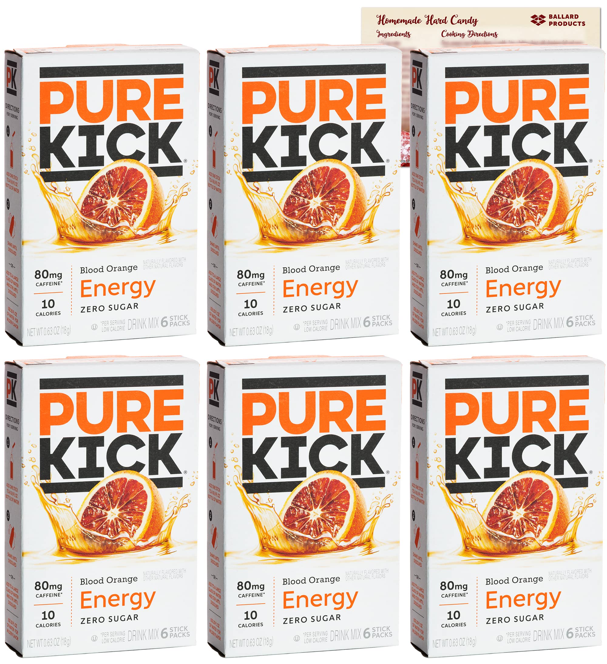 Pure Kick Energy Drink Mix Packets With Caffeine - Bundle with Ballard Hard Candy Recipe Card (Blood Orange, 6 Pack)