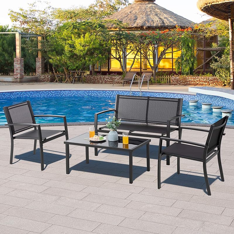 Vongrasig 4 Pieces Patio Furniture Sets,Outdoor Patio Conversation Sets with Glass Coffee Table, Small Porch Balcony Furniture, Patio Table and Chairs Set for Garden, Backyard (Black) image 2