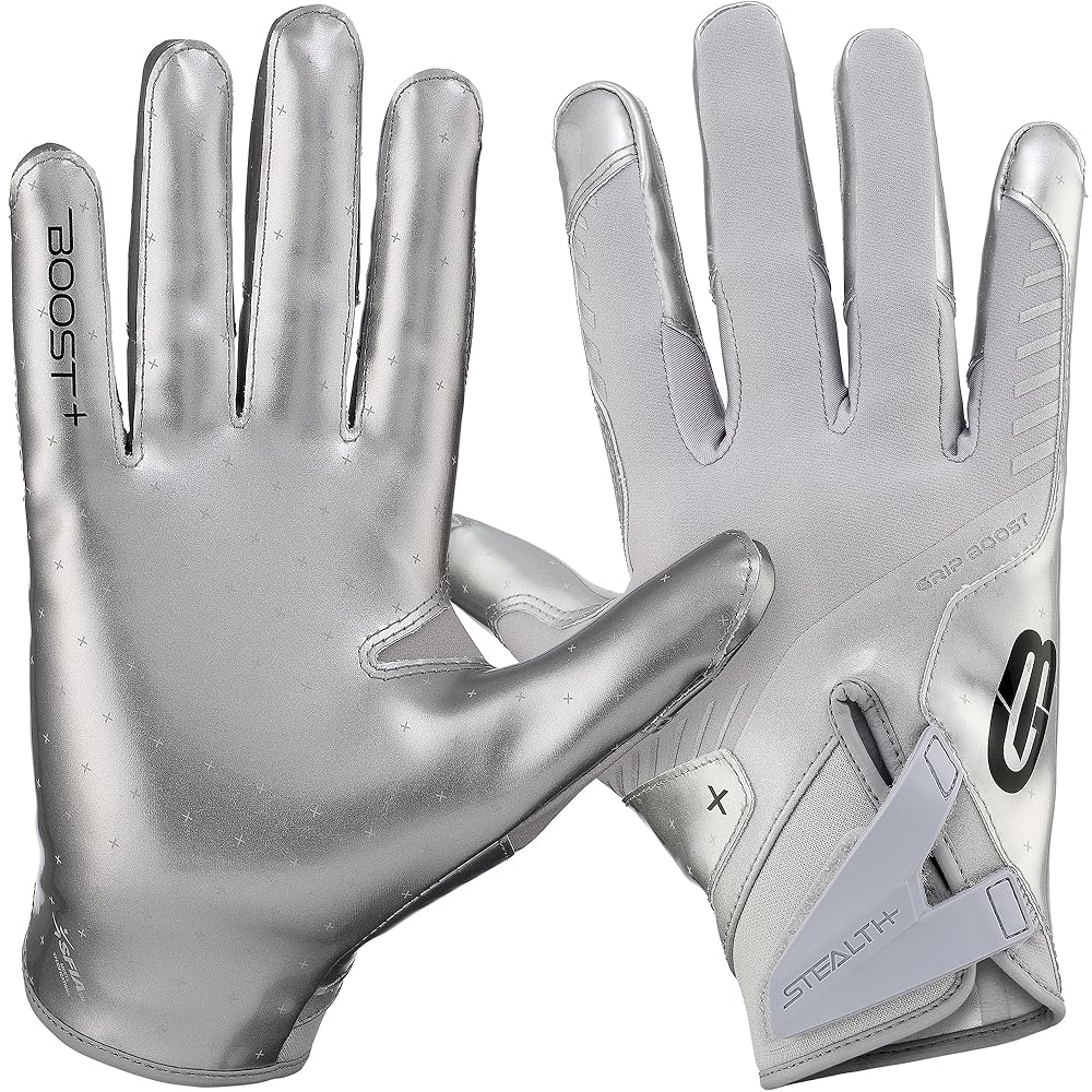 Grip Boost Football Gloves - Solid Stealth 6.0 Boost Plus Sticky Technology - Adult and Youth Football Gloves for Wide Receiver - Men\'s and Boys Sizes (Solid Chrome, Youth Small)