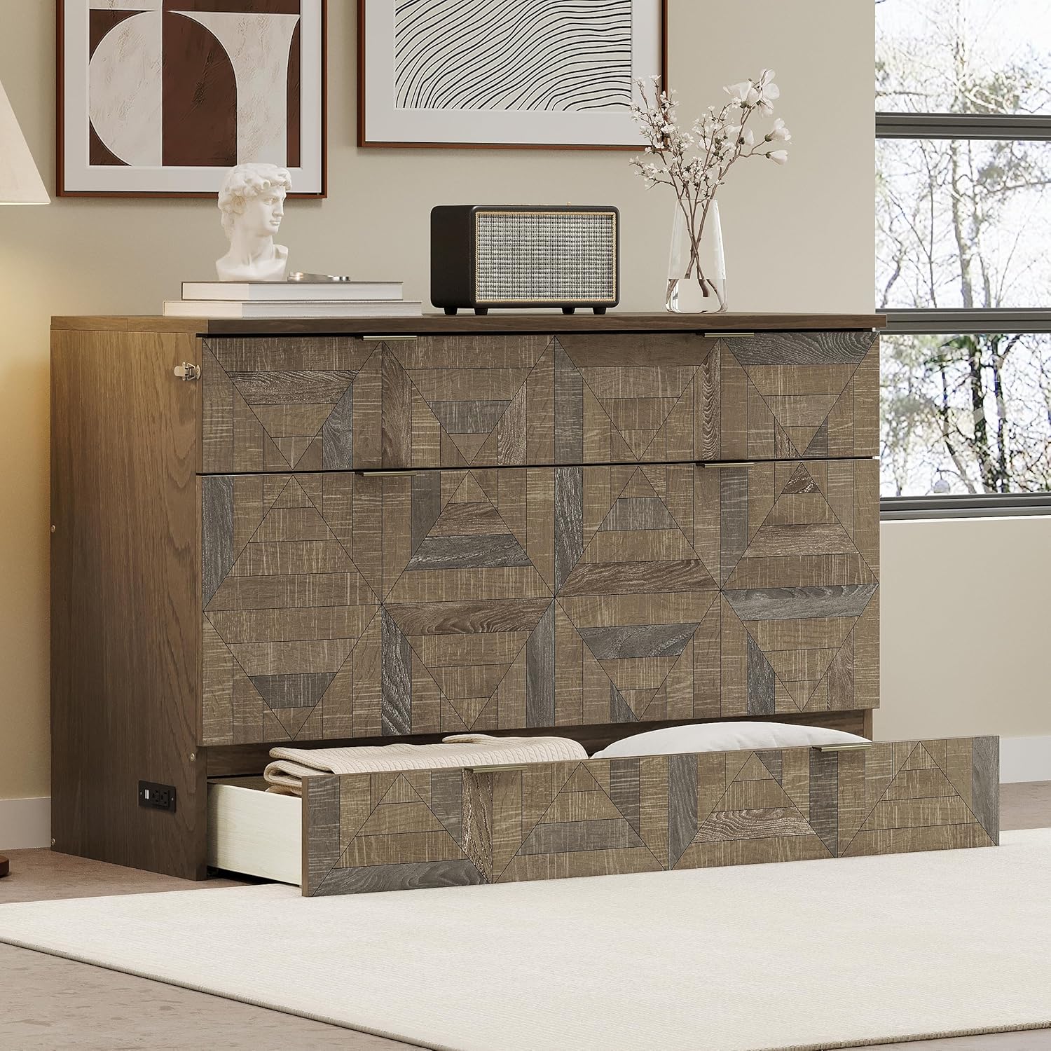 Merax Queen Size Murphy Bed Cabinet with Charging Station and Large Storage Drawer, Foldable Pull Out Murphy Chest Bed for Apartments, Bedrooms, Studio, No Spring Box Needed, Brown Queen Brown