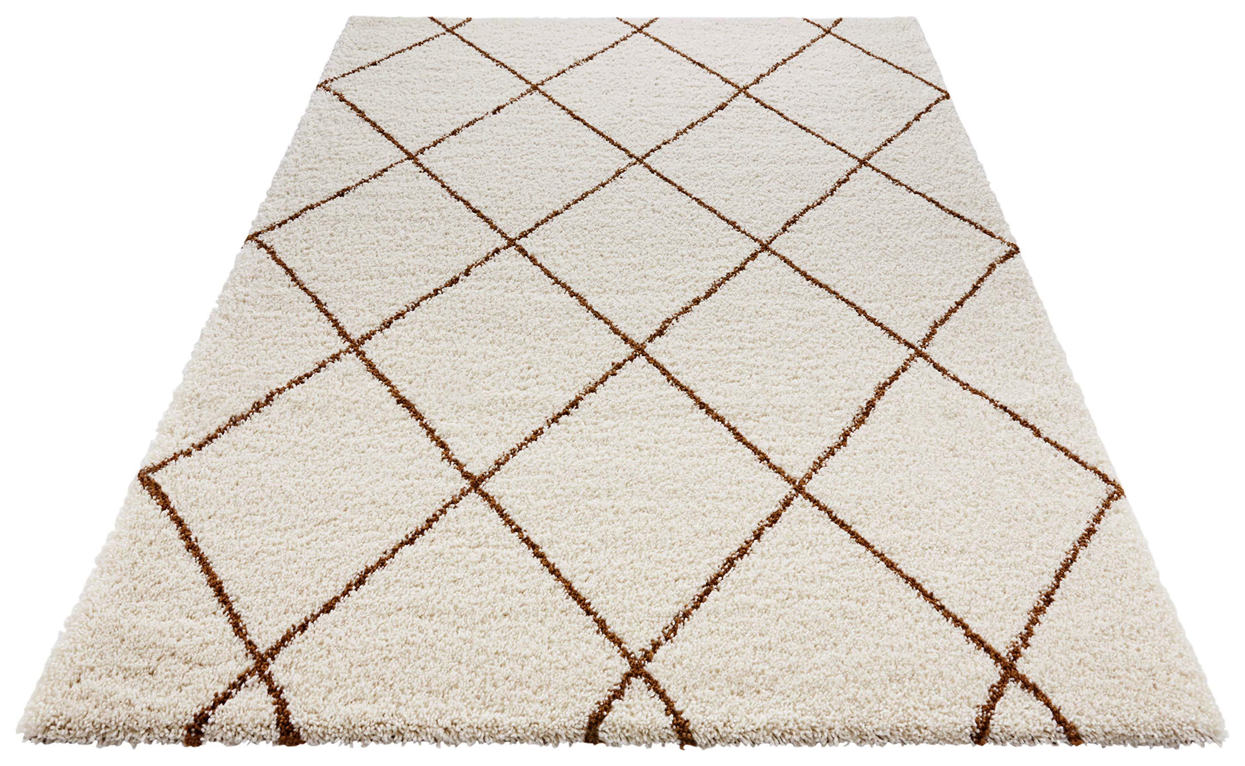 Feel Shaggy Flokati Tapis à Poils Longs Doux et Moelleux Motif Losanges pour Salon, Cuisine, Couloir ou Chambre à Coucher, Couleur crème, Marron Ocre, 80 x 150 cm, polypropylène