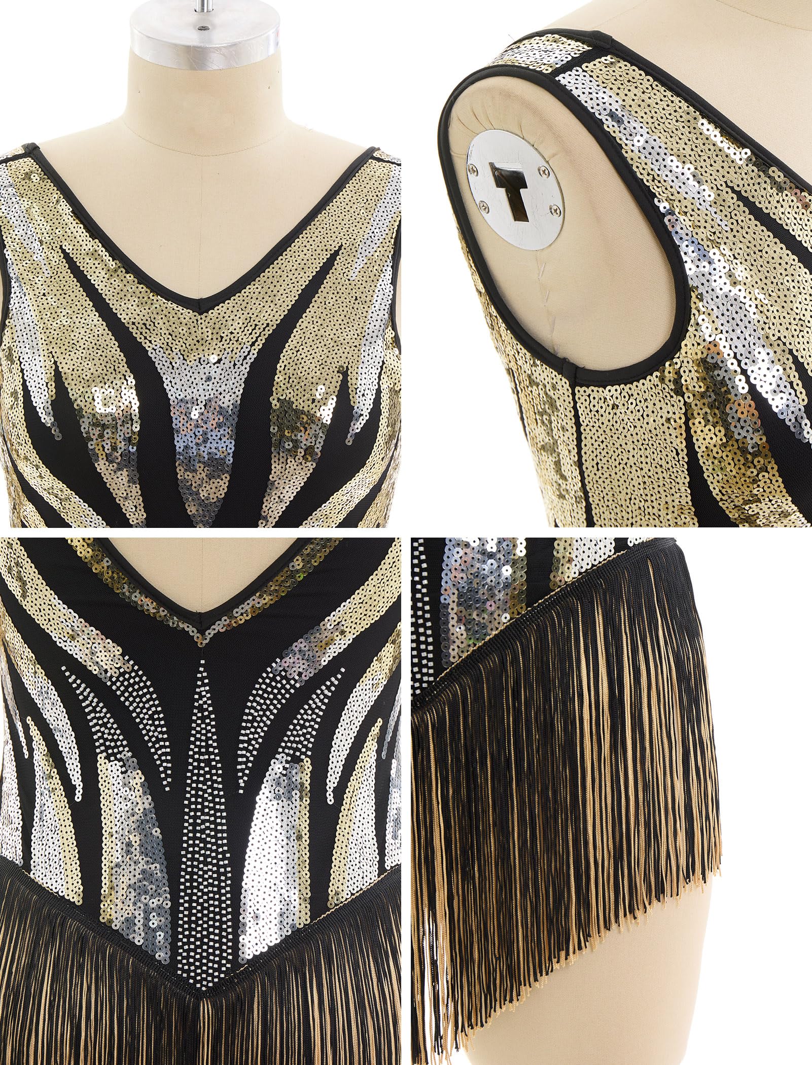 Salsa Latin Dance Kleid für Damen Pailletten Fransen Flapper Bodysuit 1920s Vintage Cocktail Jazz Akrobat Leotard Kostüm Gold XS