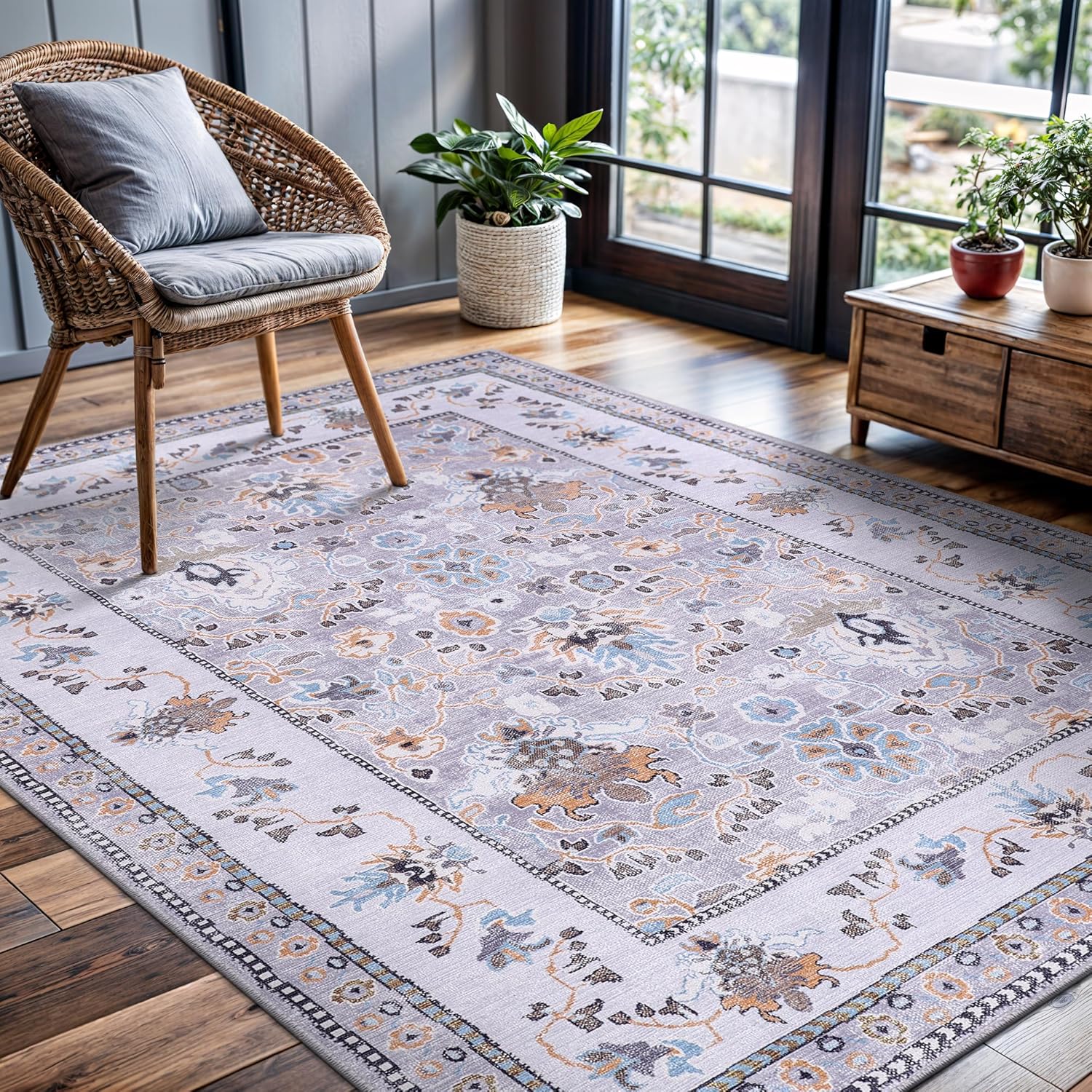 CAMILSON Machine Washable Area Rug 5x7 Gray Thin Distressed Vintage Oriental Durable Easy to Clean Carpet for Living Room Bedroom Dining Room Indoor Use (5 x 7 Gray)