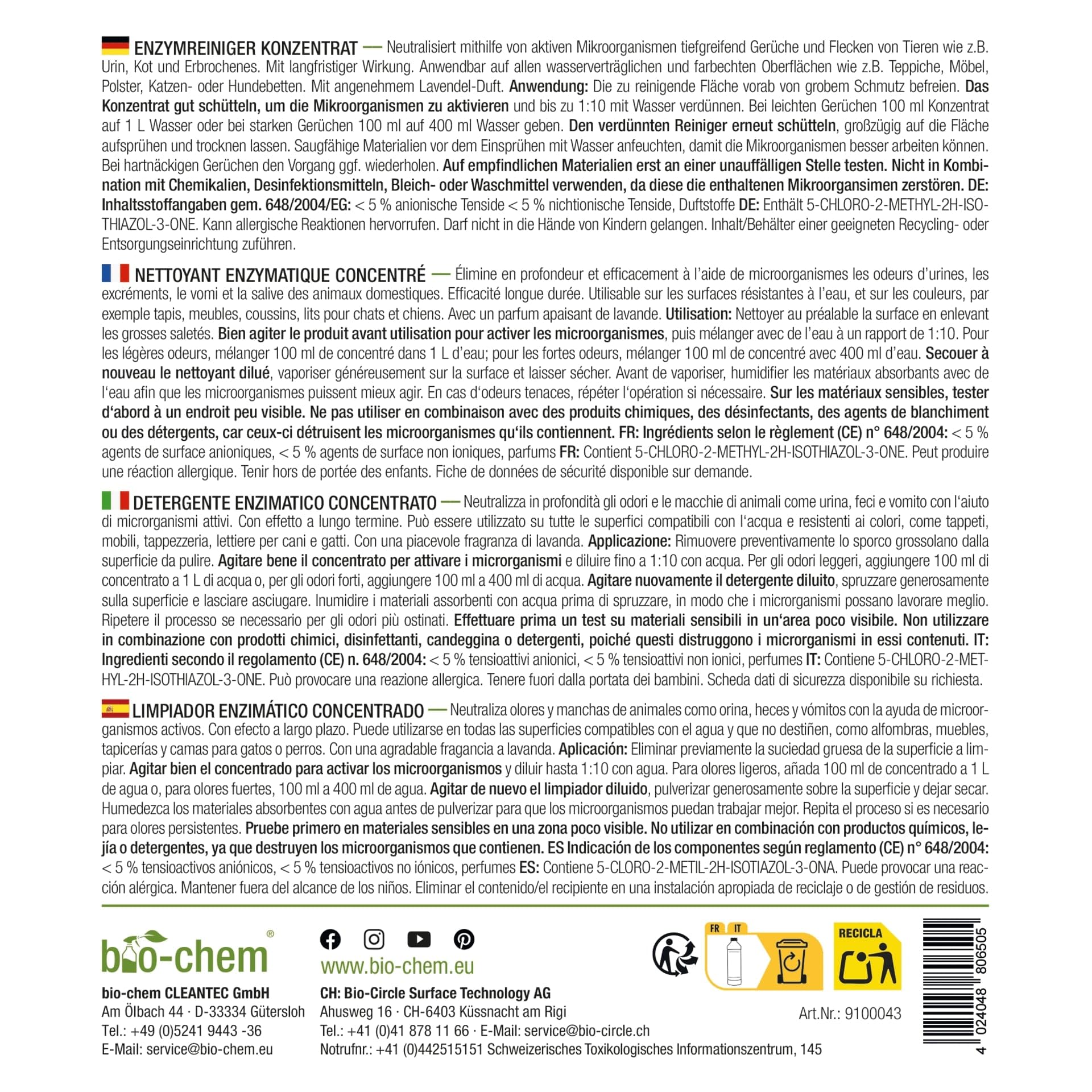 bio-chem Koncentrat do czyszczenia enzymami 1000 ml - głęboko działający środek do usuwania zapachów z moczu, kociego moczu i psiego moczu - mikrobiologiczny neutralizator zapachów dla psów i kotów