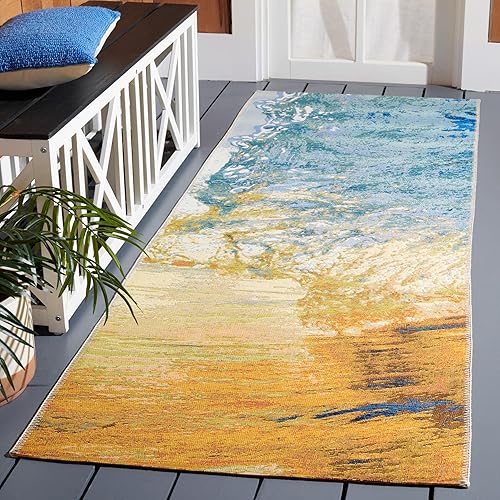 SAFAVIEH Barbados Collection - Alfombra de pasillo, 2 pies 8 pulgadas x 10 pies 5 pulgadas, diseño de ondas tropicales, no desprende pelusa y de