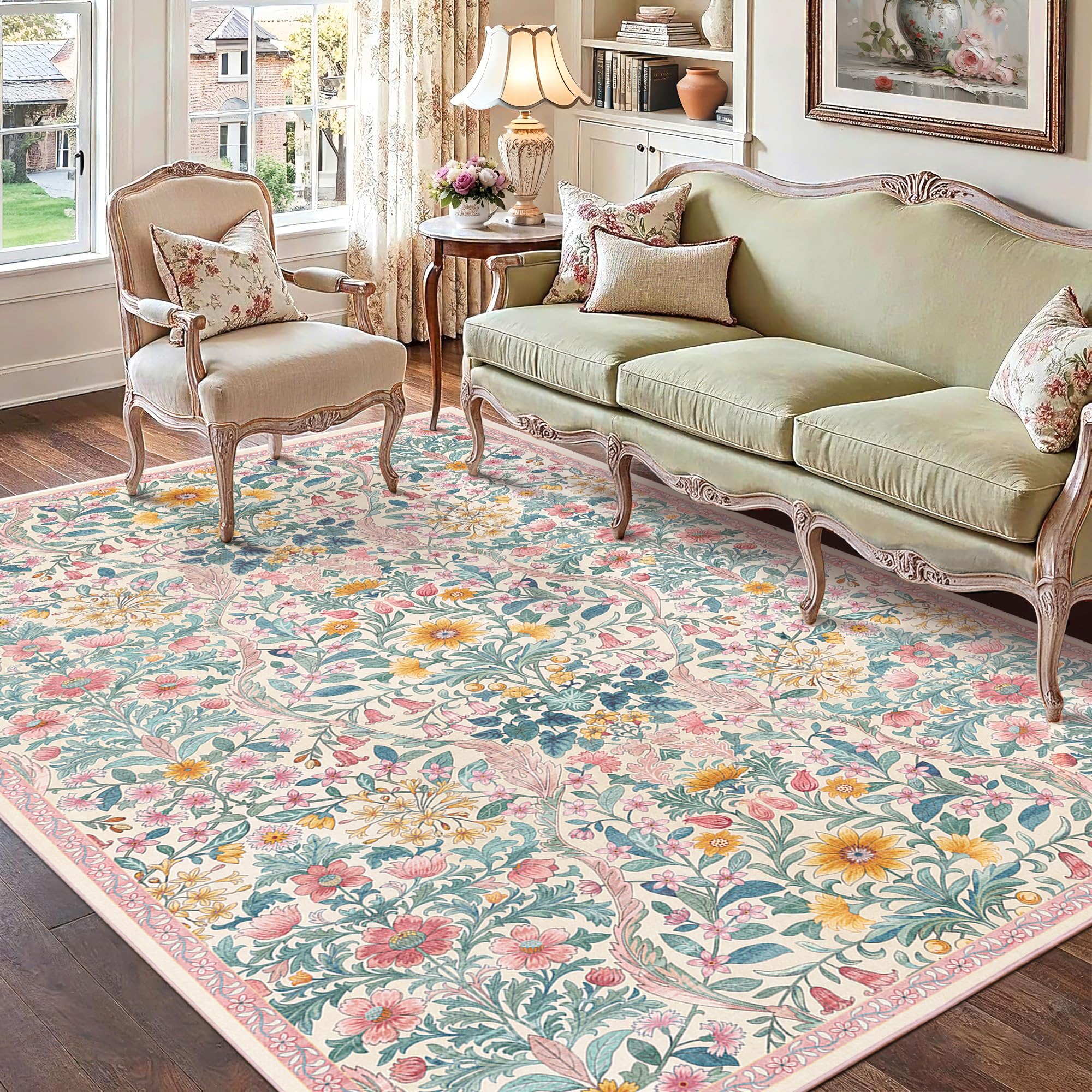 NakedCloud Floral Washable 6x9 Area Rug，Light Pink Boho Rugs for Living Room, Soft Low-Pile Non-Slip Stain Resistant & Non-Shedding Carpet for Girls Bedroom,Dining Room,Office,Entryway,Nursery — image 1
