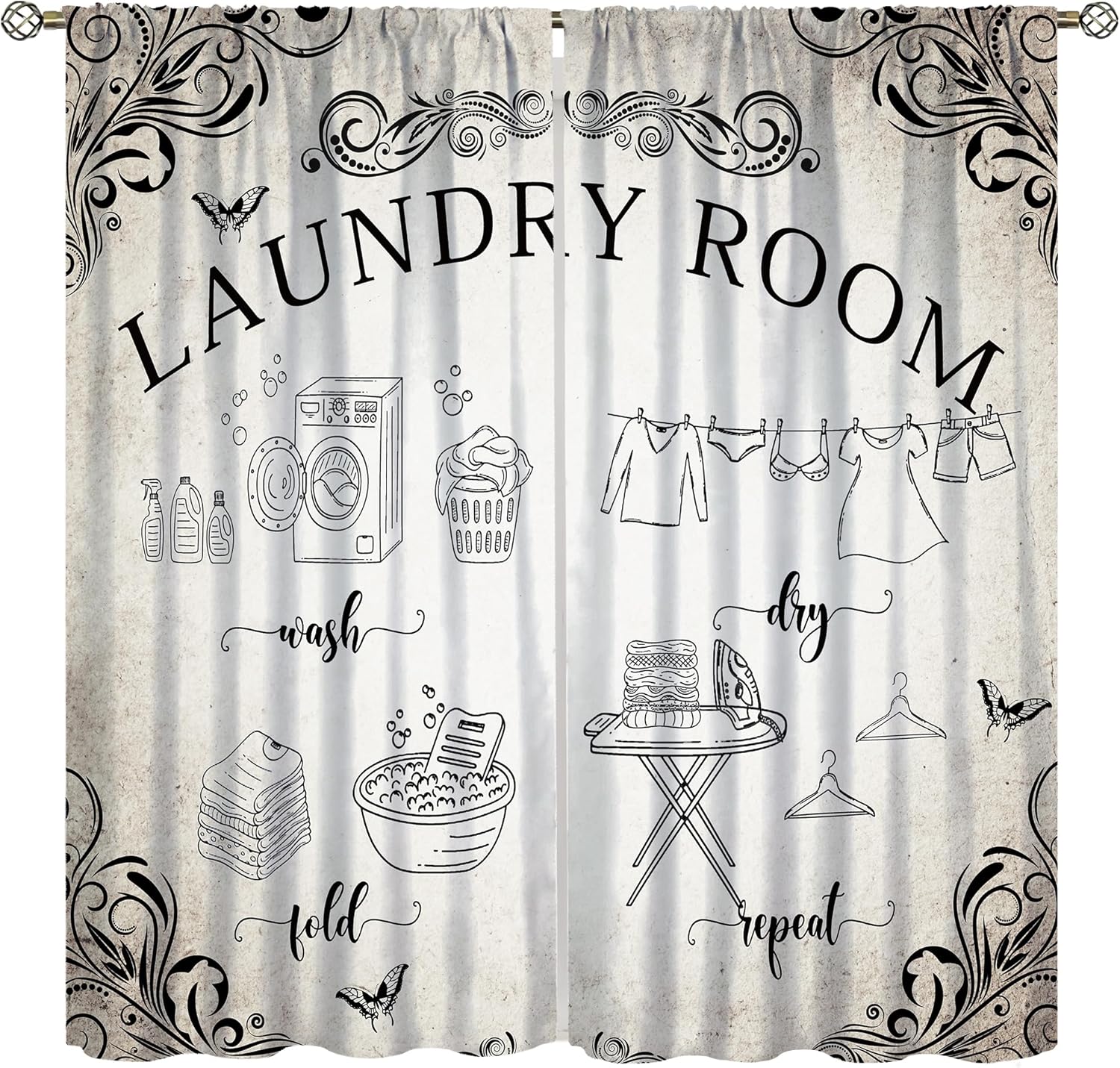 Laundry Room Blackout Curtains,Rustic Farmhouse Dry Wash Fold Repeat Country Wood Windows Treatments Rod Pocket Drapes for Living Room Bedroom Bathroom 42x45in