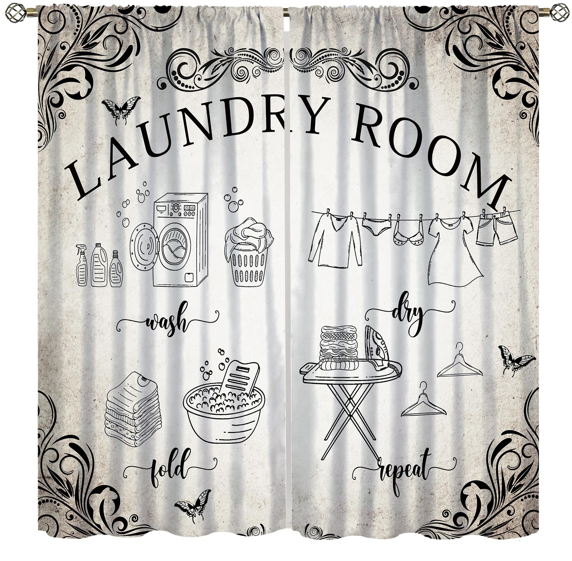 AAVEUP Laundry Room Blackout Curtains,Rustic Farmhouse Dry Wash Fold Repeat Country Wood Windows Treatments Rod Pocket Drapes for Living Room Bedroom