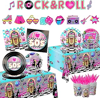 1950s Party Decorations,143Pcs 50's Theme Party Decorations Rocking Music Party Tableware Set 50's Rock and Roll Plates Napkins Hip Hop Tablecloth for 50s Diner Party Anniversary Disposable Supplies