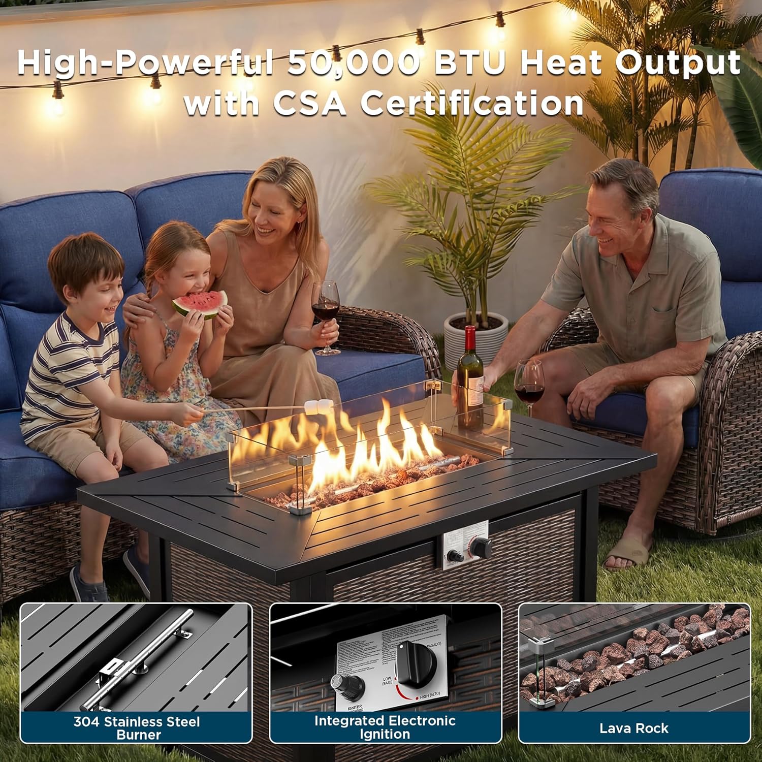 Luxury Patio Furniture Set with Fire Pit Table-6 Pieces All Weather Outdoor Swivel Rocker Chairs with Sofa and Ottomans. Outdoors Patio Conversation Sets for Porch Deck Garden Backyard(Brown/Blue)