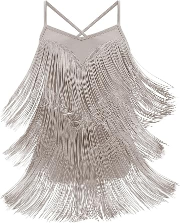 IBAKOM Girl Fringe Latin Jazz Dance Dress Lace Up Back Tassel 1920s Ballroom Dancwear Kids Sleeveless Salsa Flapper Bodysuit