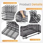 Organisateur de fichiers en maille Marbrasse à 4 niveaux avec supports de fichiers verticaux et tiroir | 5 supports de fichiers verticaux, organisateurs d'espace de travail avec tiroir et 2 porte-stylos, rangement de bureau pour bureau, école, maison (gris)