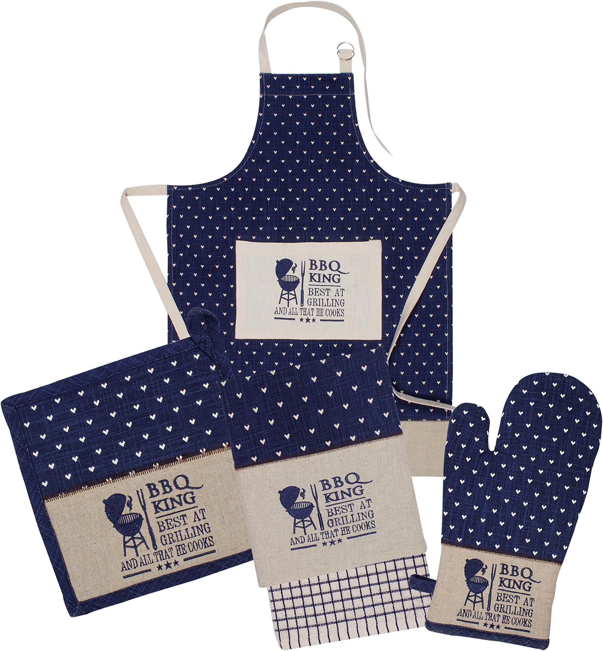 HOME FIBER 5 pc Embroidered Kitchen Set Collection for Men’s BBQ- 1 Apron, 1 Oven Mitt (Gel Print), 1 Pot Holder(Gel Print), 1 Terry Towel & 1 Printed Towel