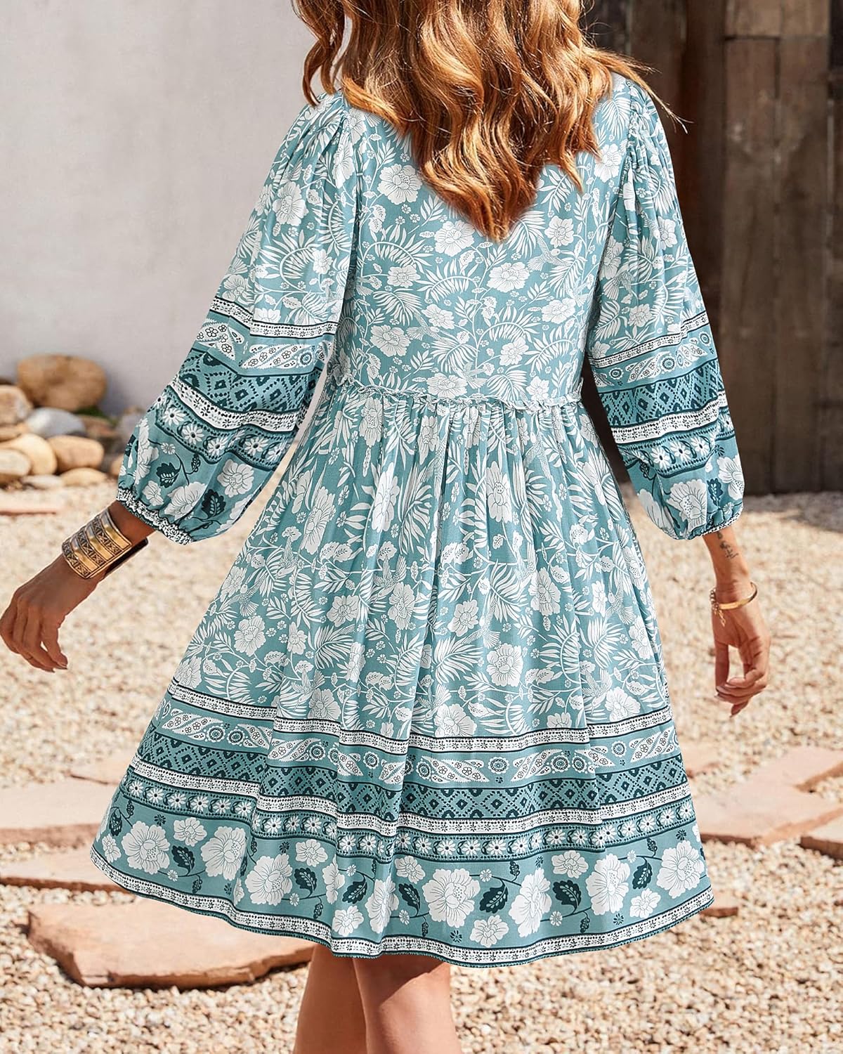 BTFBM Women Casual Spring Summer Dresses V Neck 3/4 Long Sleeve Ruffle Floral Flowy Boho Babydoll Mini Short Beach Dress - Image 4