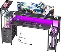 Vista 9 de Escritorio para juegos de 48 pulgadas con luces LED y tomas de corriente, escritorio para computadora con cajones de tela y gancho lateral, mesa