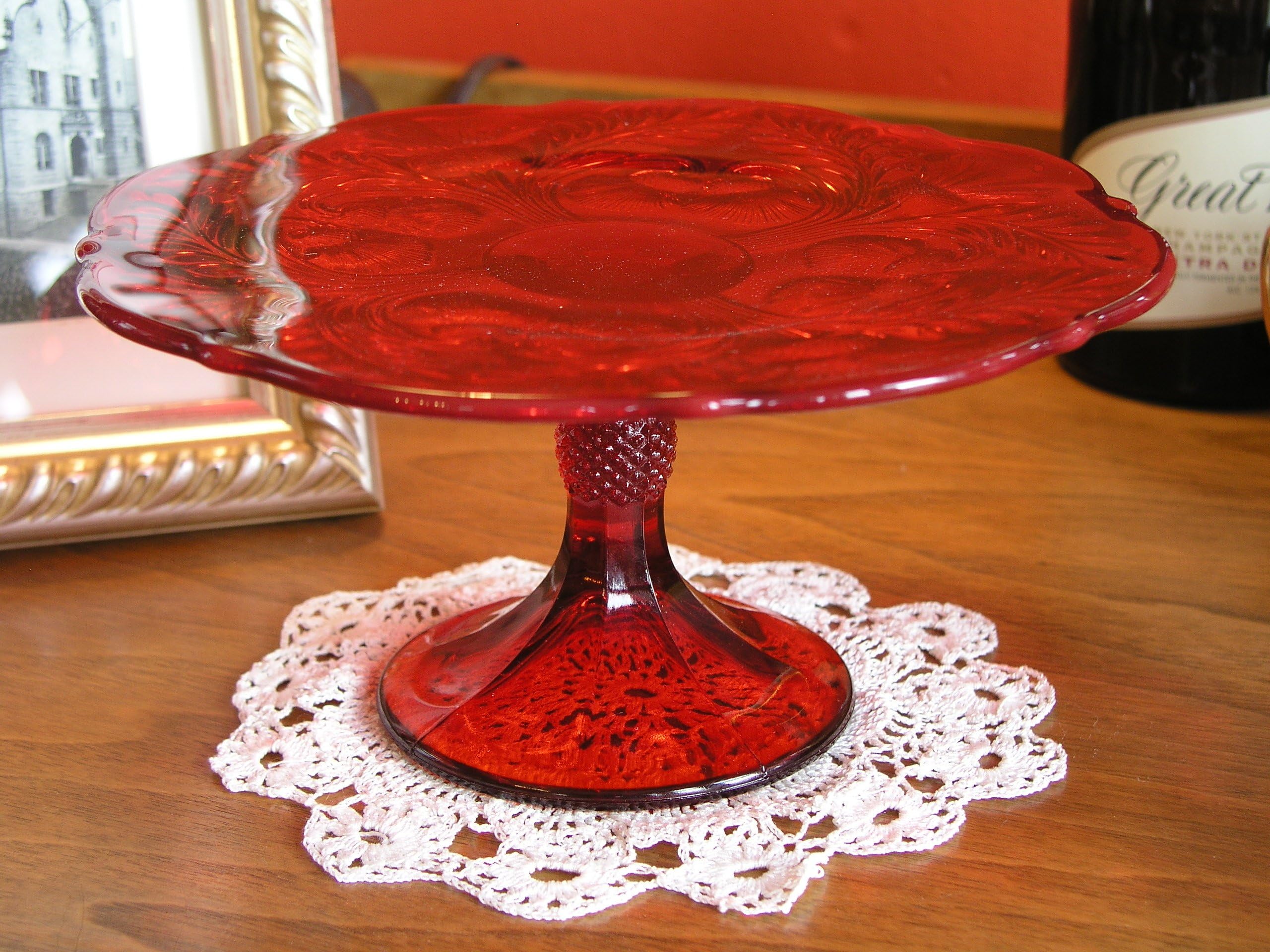 9" Ruby Red Glass Inverted Thistle Pattern Cake Cup Cake Plate Stand