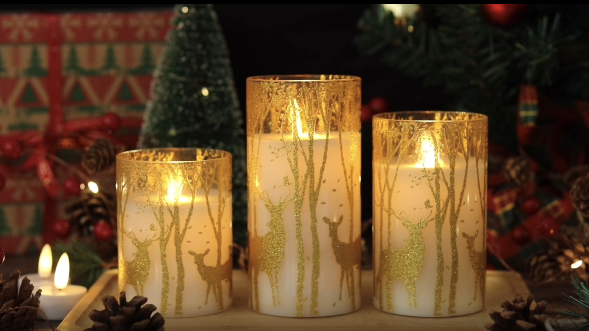 Image of GenSwin Glass Flameless Candles with Elk Decor and Remote Timers, Battery Operated Moving Wick Led Flickering Light, Set of 3 Real Wax Pillar Candles for Christmas Home Decoration