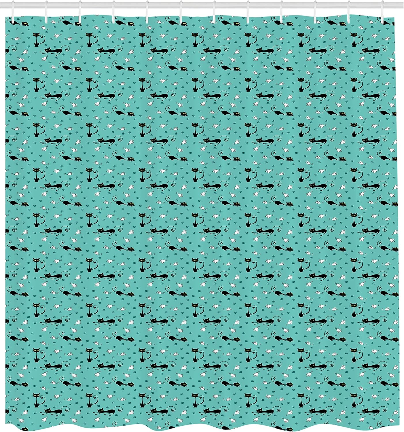 Ambesonne Cat Shower Curtain, Black Cats After White Mice Mouse Paws Footprints Tracking Fun Cartoon Pattern, Cloth Fabric Bathroom Decor Set with Hooks, 69" W x 70" L, Seafoam Black White