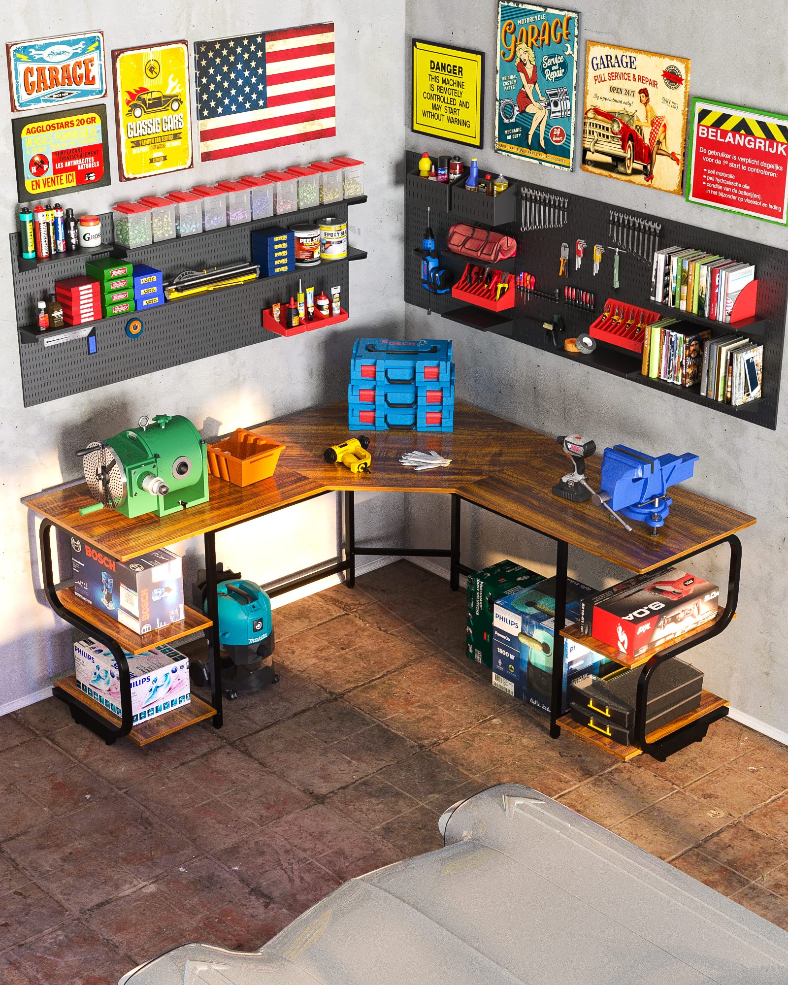 Escritorio moderno en forma de L con estantes, escritorio de computadora, escritorio de juegos para oficina en casa, mesa de trabajo de esquina con escritorio grande (teca + marco negro, grande + estantes de 4 niveles) 7