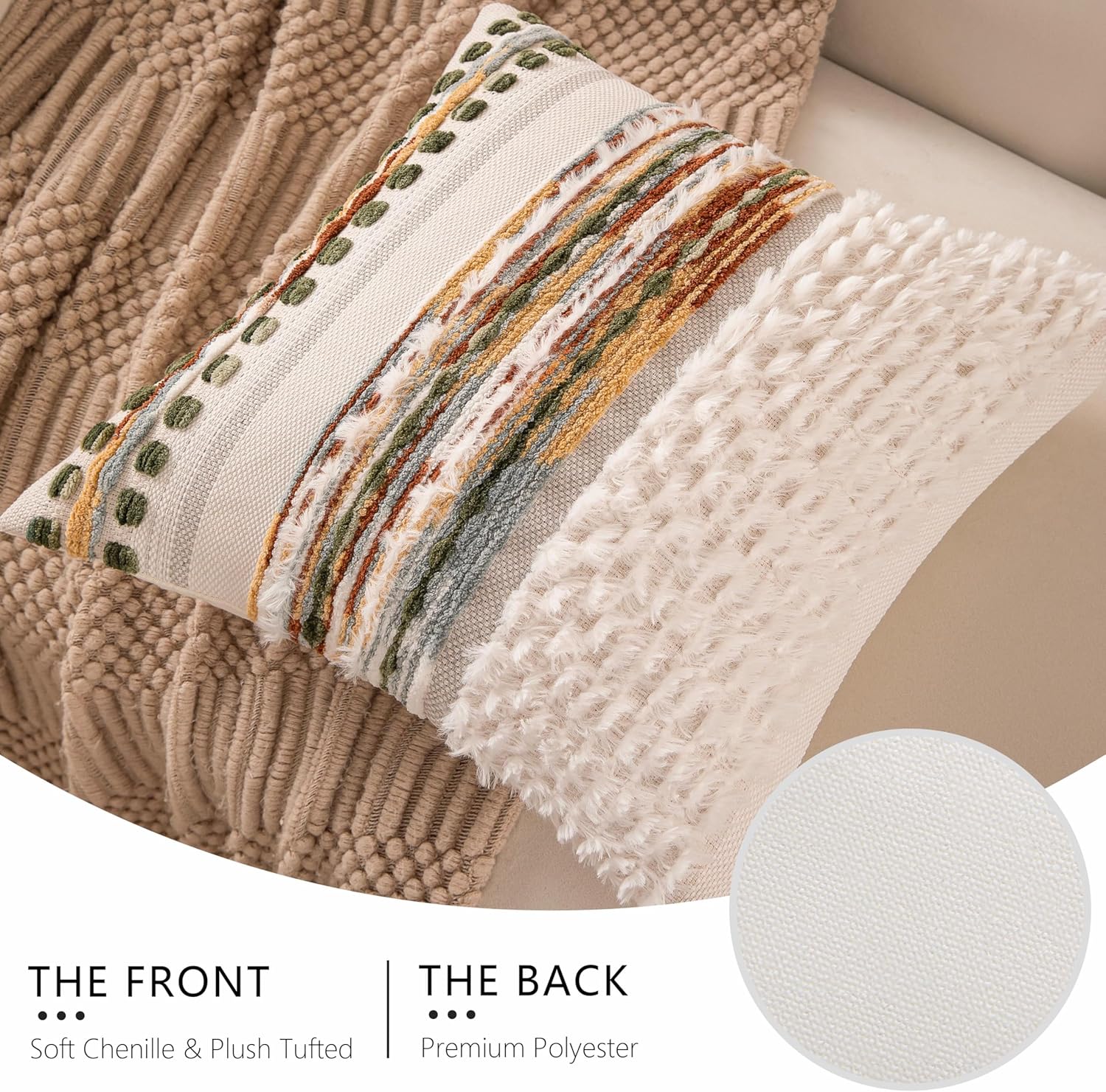 Boho Chenille Tufted Couch Throw Pillow Covers 18x18 Inch Set of 2 Farmhouse Striped Decorative Pillow Covers Accent Neutral Pillowcase Forest Cushion Cover for Living Room Sofa Bed - Image 4