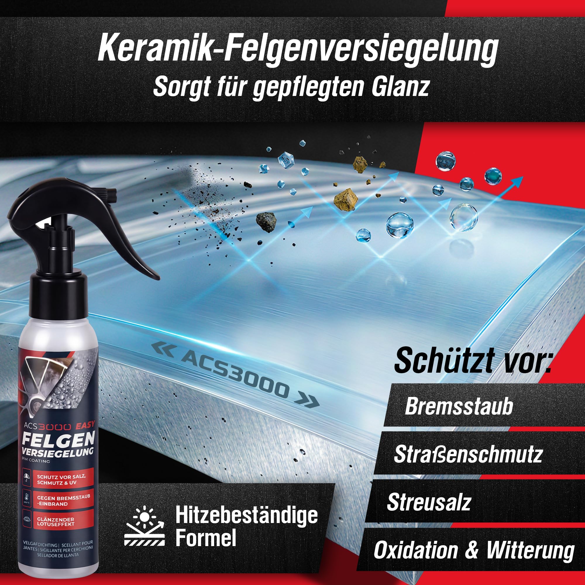 ACS3000 EASY Felgenversiegelung – Keramikbeschichtung für Felgen – Langzeitschutz gegen Bremsstaub, Salz & Schmutz – Hydrophober Lotus-Effekt, Keramik Versiegelung, Schutzversiegelung inkl. Poliertuch