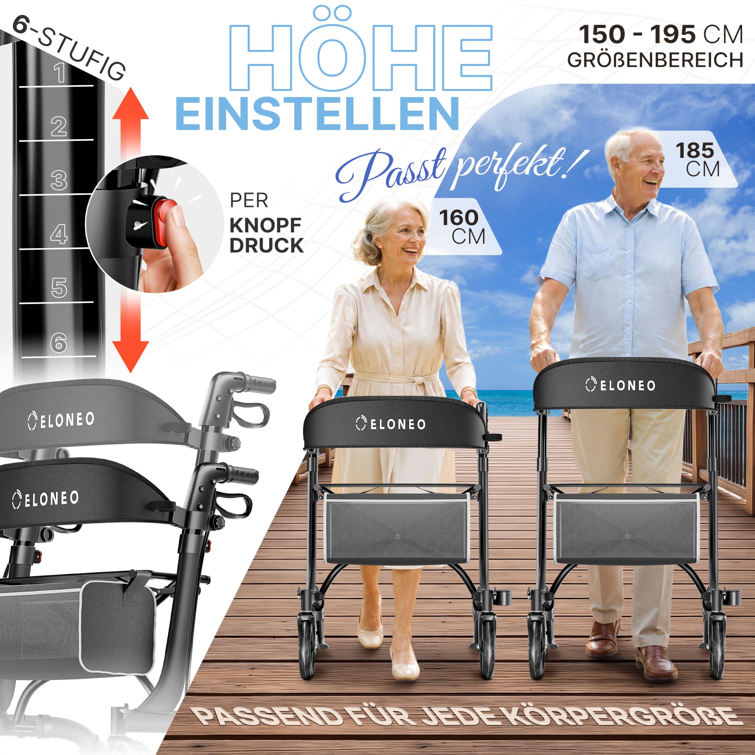 ELONEO Rollator faltbar und leicht mit Sitz - ultraleicht (5,1kg), Leichtgewicht-Reiserollator aus Aluminium, Gehhilfe höhenverstellbar und faltbar, Laufhilfe mit Tasche & Schirmhalter, schwarz
