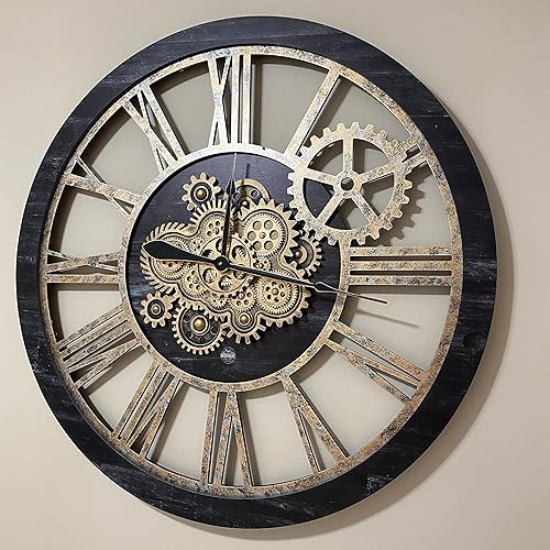 Miniatura 2 de The Gears Clock - Reloj de pared con engranaje móvil real de 36 pulgadas, estilo vintage, industrial, de gran tamaño, casa de campo rústica (madera