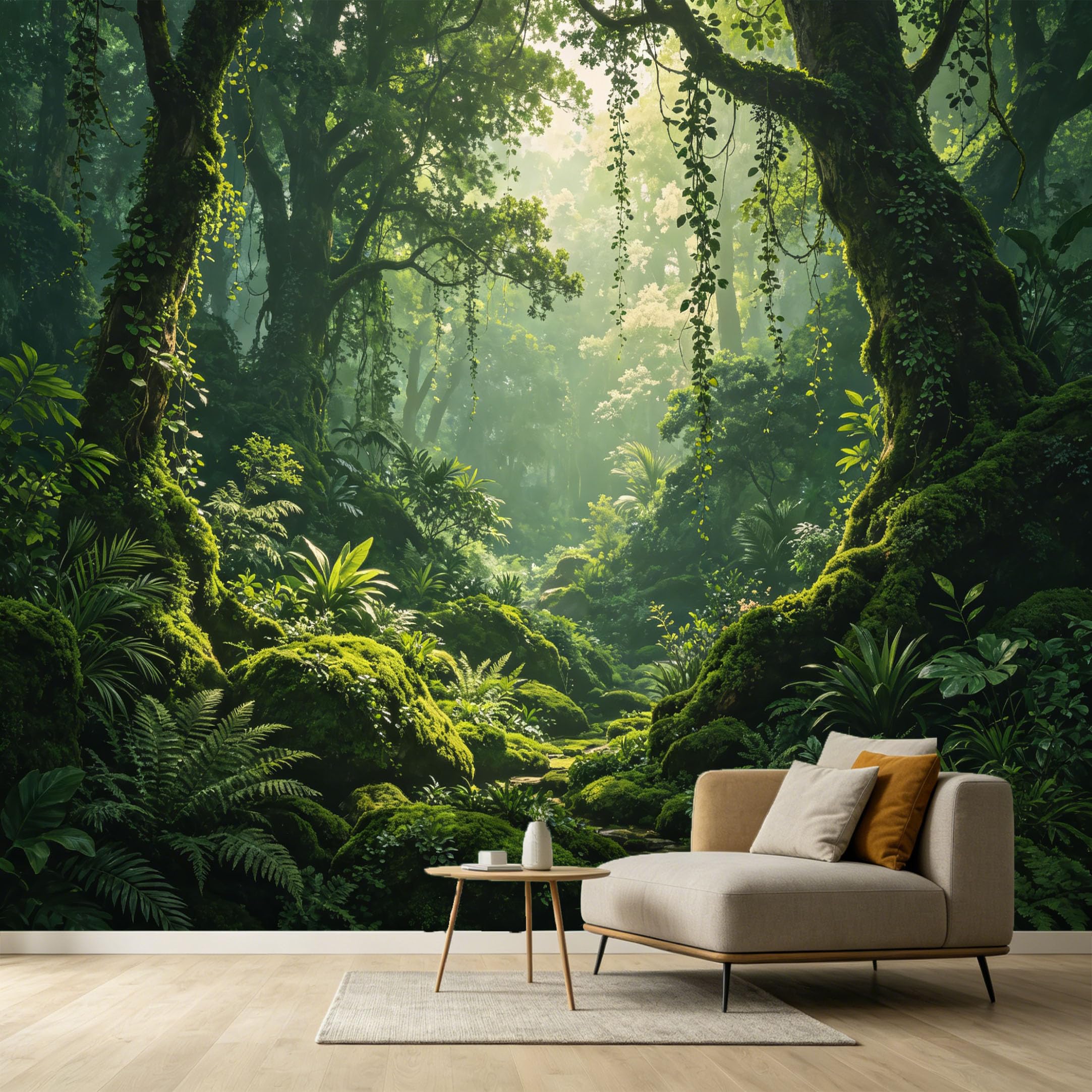 Custom Size Wall Murals Tropical Rainforest Botanical Nature Sunbeam Ferns Ancient Trees SelfAdhesive Wall Fabric Removable Large Wallpaper for Photo Living Room