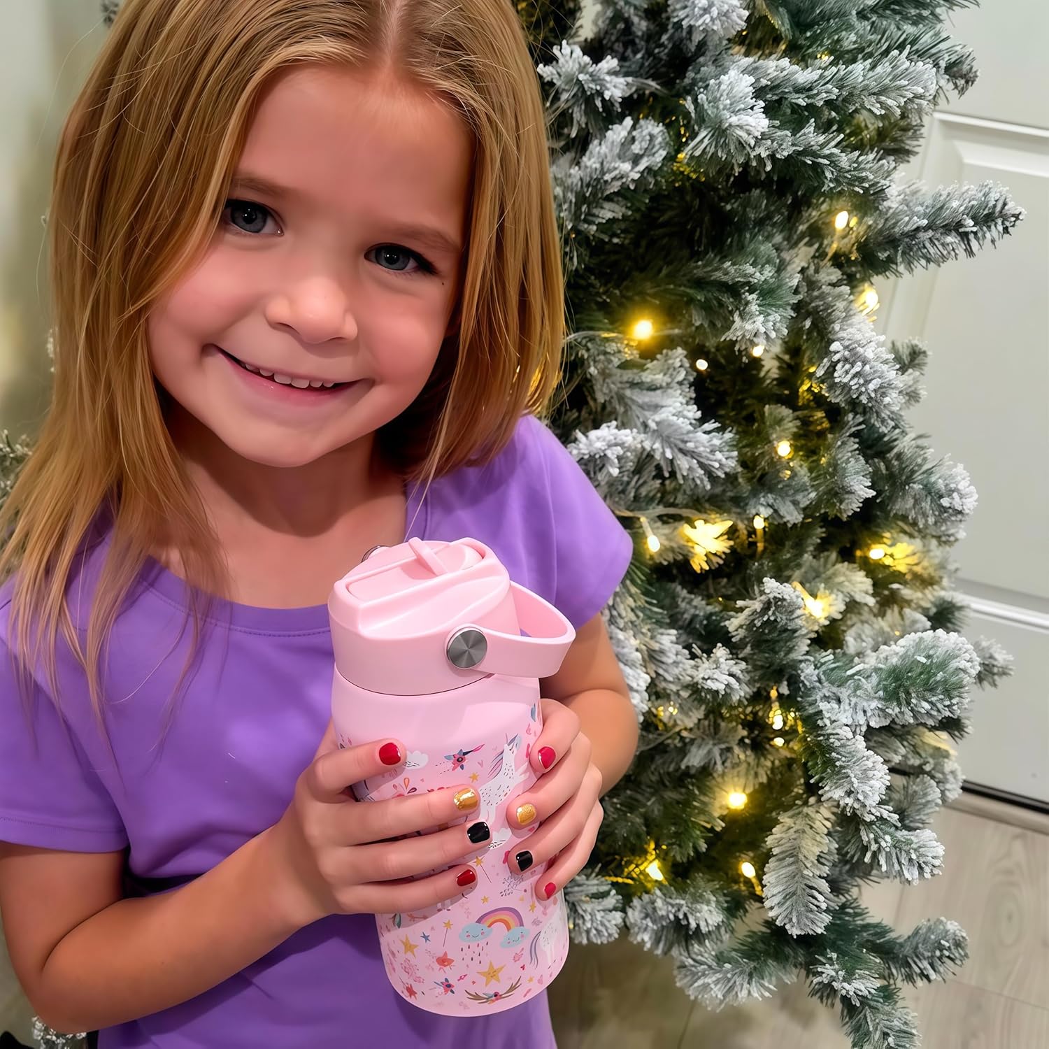 OLDLEY kids Water Bottle - 18oz Insulated Stainless Steel - Wide Straw Lid, Non Spill, Leakproof, Kids Water Bottle for School,Unicorn - Image 7