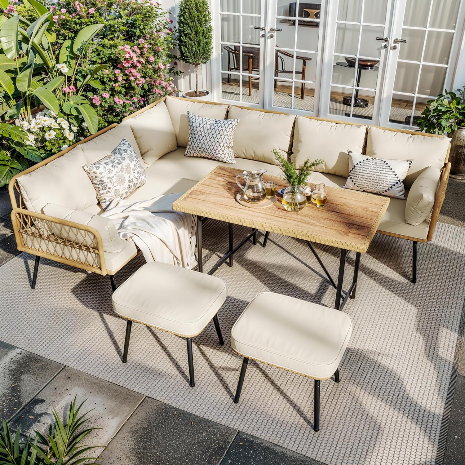 6 Pieces Wicker Patio Conversation Set with Table, Outdoor L-Shaped Sectional Sofa Set with Cushions, All Weather Boho Rattan Conversation Couch Sets for Backyard, Porch, Balcony, Deck, Beige