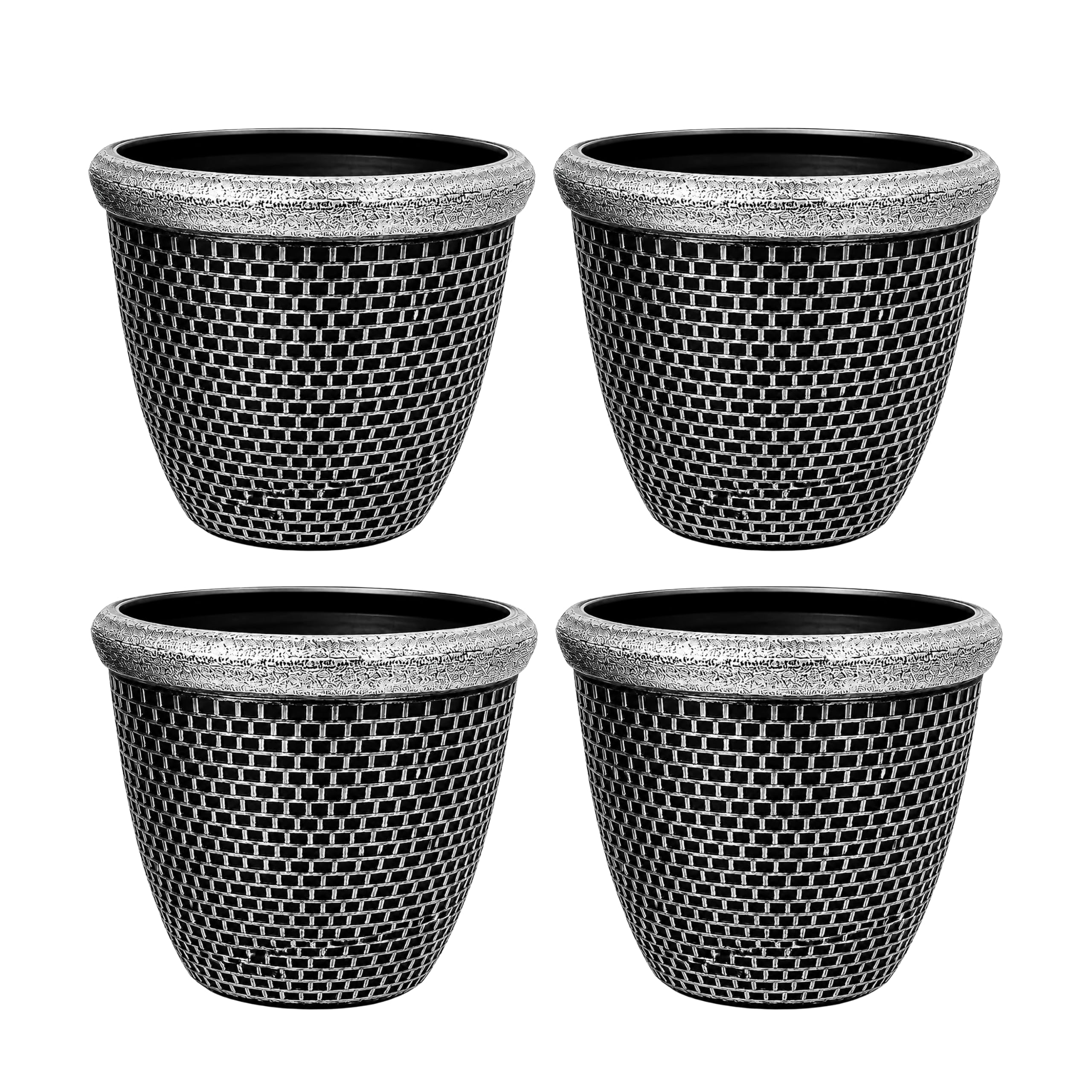 Outdoor Plant Pots with Drainage Holes – Medium & Large Plastic Round Cromarty Flower Pots | Patio Garden Decorating Planter Pot 31cm & 35.5cm Antique Silver, Weather & UV Resistant (4, Medium)