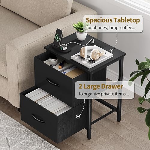 Miniatura 5 de Vagusicc Mesita de noche con estación de carga, mesita de noche con puertos USB y tomacorriente, mesa auxiliar con 2 cajones de tela para