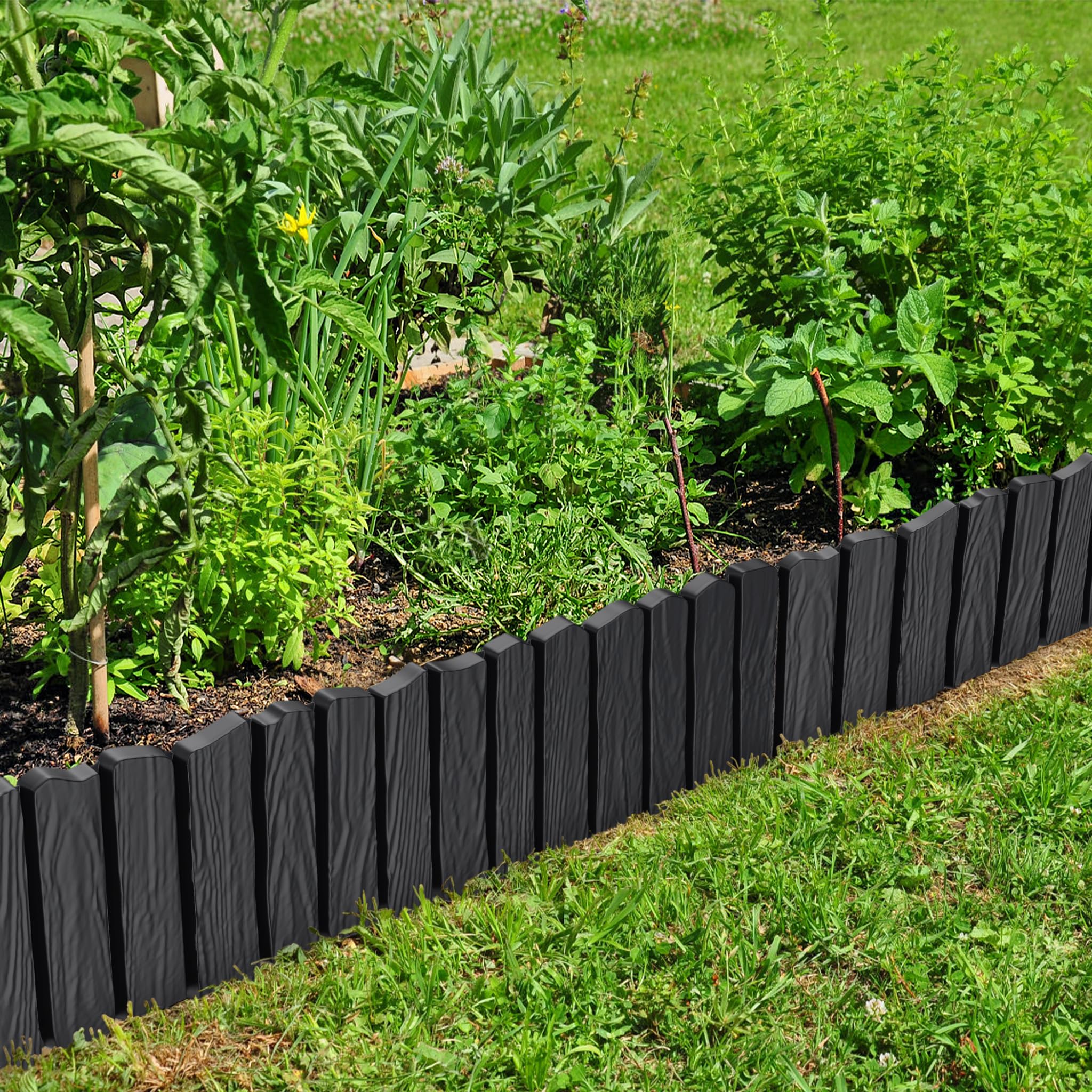 4.8m Rasenkante Kunststoff Beetumrandung mit Holzoptik & 10 cm Erdspießen - Mähkante für Garten, Beeteinfassung Anthrazit, Palisade im Holzdesign Anthrazit