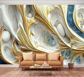 Wall Mural Peel and Stick Abstract Luxury Marble Art marbling Texture Blue Gold White Colors 3D Large Wallpaper Self Adhesive Contact Paper Removable 3D Wall Sticker for Living Room Bedroom Furniture