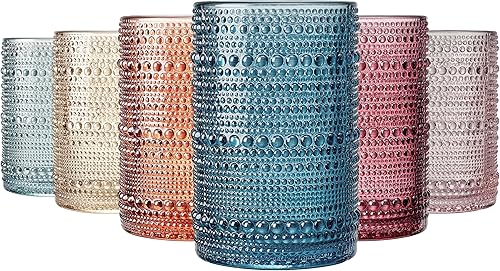 Khen Juego de 6 vasos altos con cuentas para beber  Juego de 6  Decoración de otoño y vacaciones, diseño vintage de hobnail de 12 onzas, cristalería