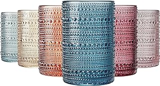 Khen Beaded Highball Drinking Tumbler Set | Set of 6 | Fall & Holiday Decor Vintage Hobnail 12 OZ Muted Bubble Design Whiskey Glassware, Old-Fashioned, Embossed Design Glass for Water Wine, Cocktail