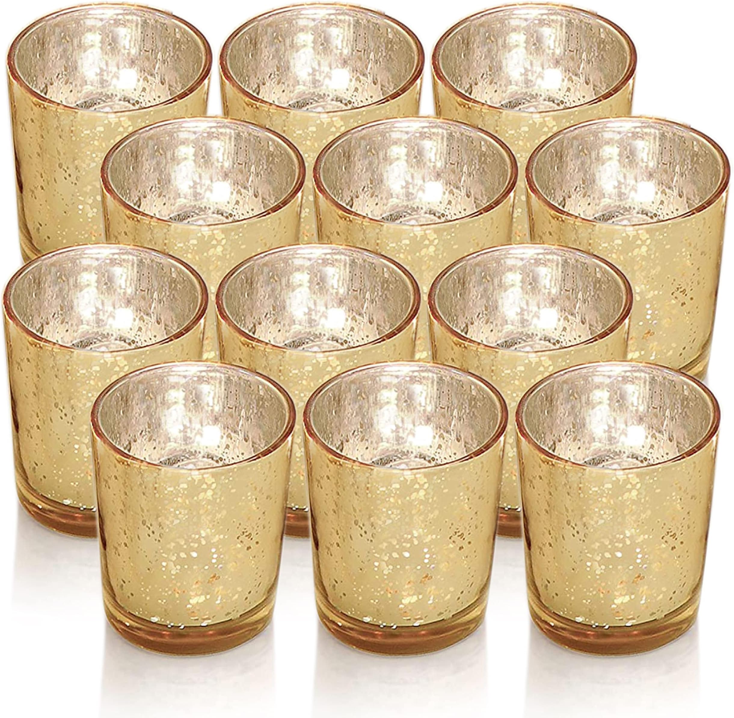 Gold Votive Candle Holders, Glass Tealight Candle Holder Set of 12, Tea Light Holders Perfect Table Centerpieces Decorations for Wedding, Party, Home Decor (Gold)