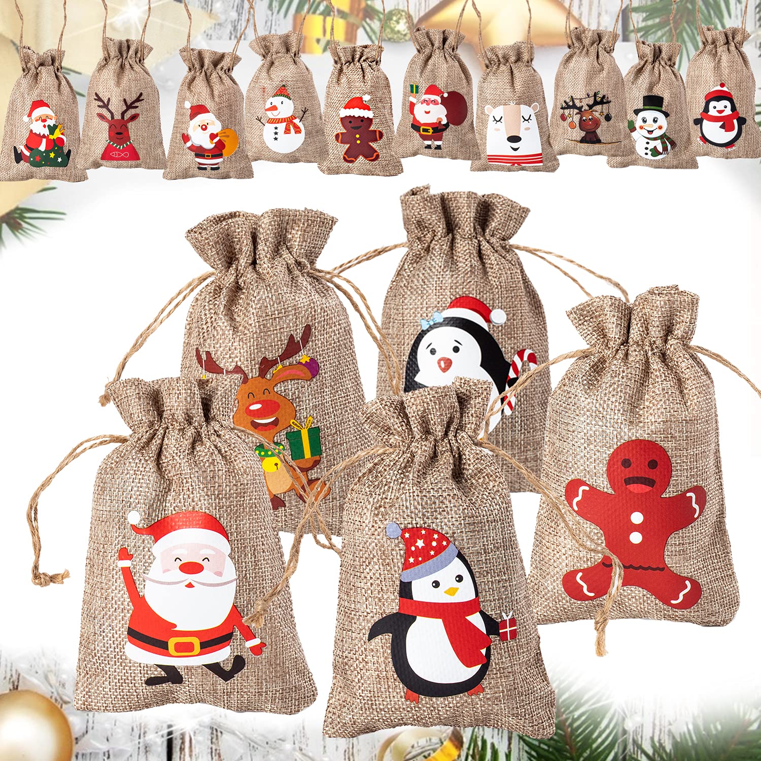 Jexila 24 Sacchetti Regalo Natalizi In Iuta Con Coulisse – 12,7x17,8 Cm, Riutilizzabili, Motivi Renne E Fiocchi Di Neve