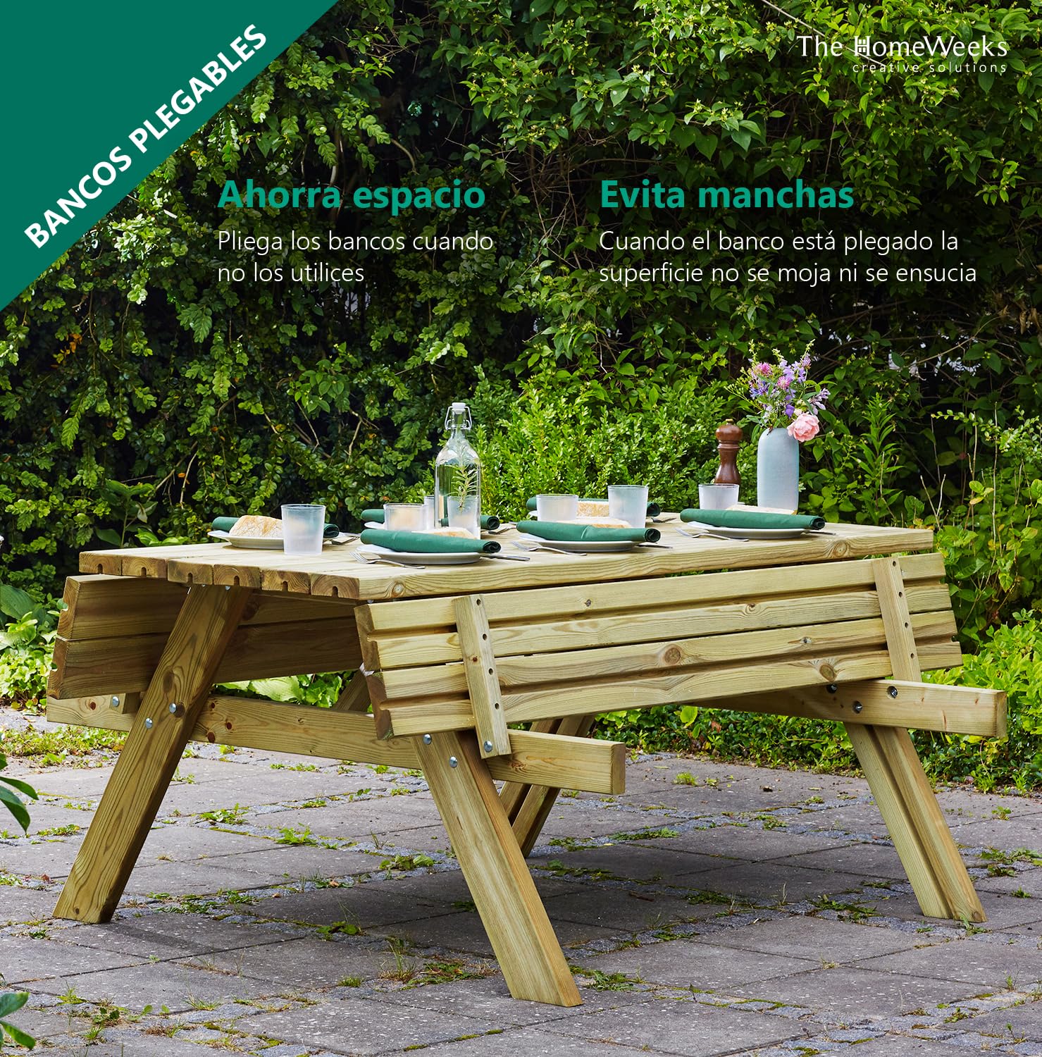 The Homeweeks Mesa Picnic jardín Madera tratada en Autoclave | Strong 200 | con 2 Bancos abatibles | 198x154x74 cm | 8/10 Adultos | Espesor 42 mm | normativa EN581 | FSC