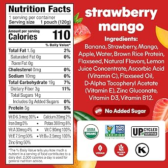 Noka Organic Superfood Smoothie Pouch, Strawberry Mango, Brain Support 6pk | 850mg Omega-3 Flax Seed, Organic Plant Protein, No Added Sugar, Vegan, Gluten Free, Healthy Snacks, Shelf Stable
