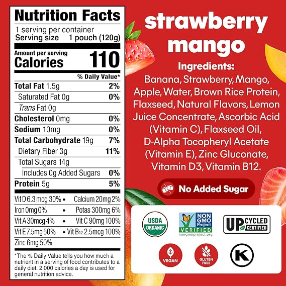 Noka Organic Superfood Smoothie Pouch, Strawberry Mango, Brain Support 6pk | 850mg Omega-3 Flax Seed, Organic Plant Protein, No Added Sugar, Vegan, Gluten Free, Healthy Snacks, Shelf Stable
