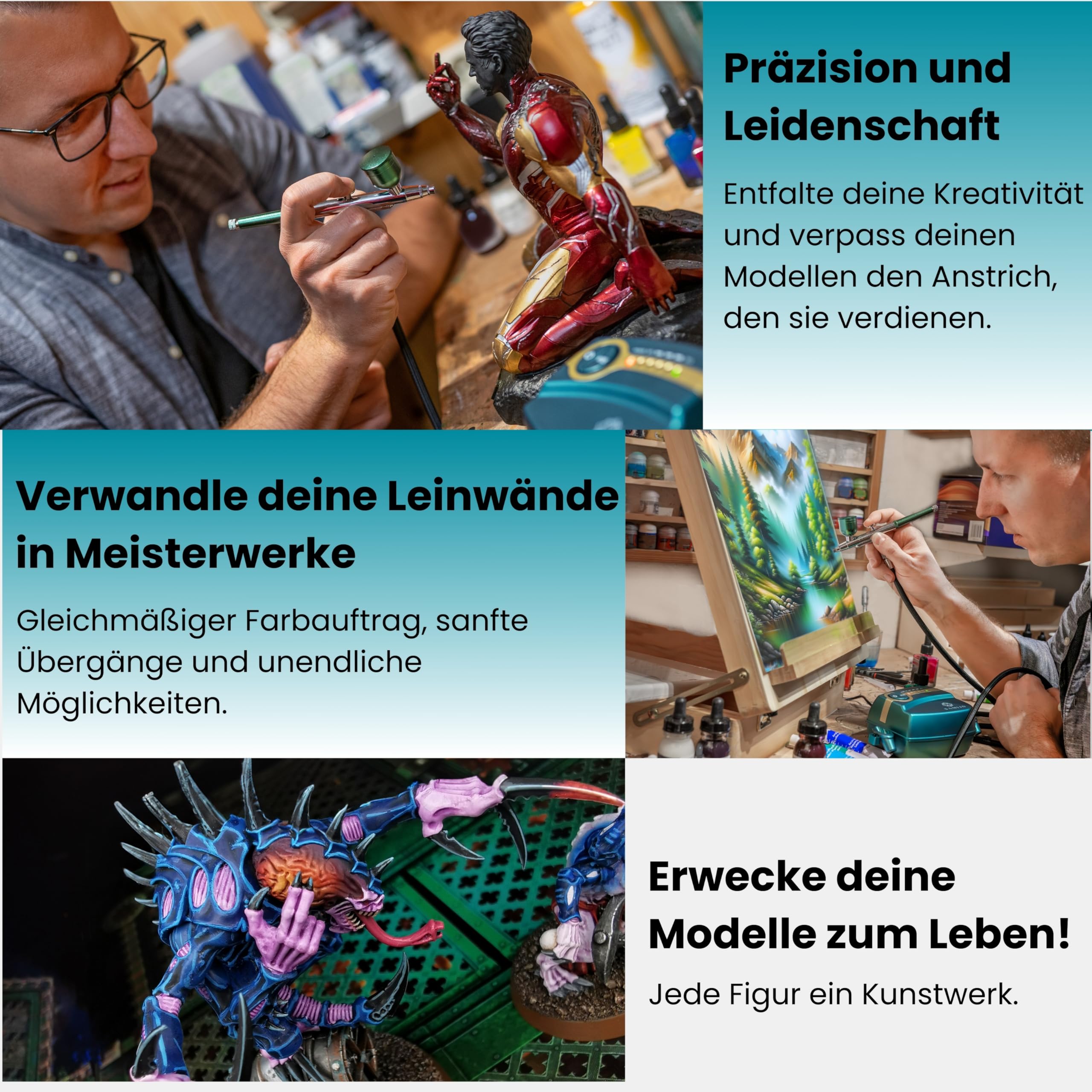 SAMIJO Airbrush Set mit Kompressor, leise, kompakt, vielseitig, Airbrush-Set für Einsteiger, inkl. [DIY SCHABLONEN] Dein Komplettset für Modellbau, Haut, Nails und vieles mehr, eisgrün