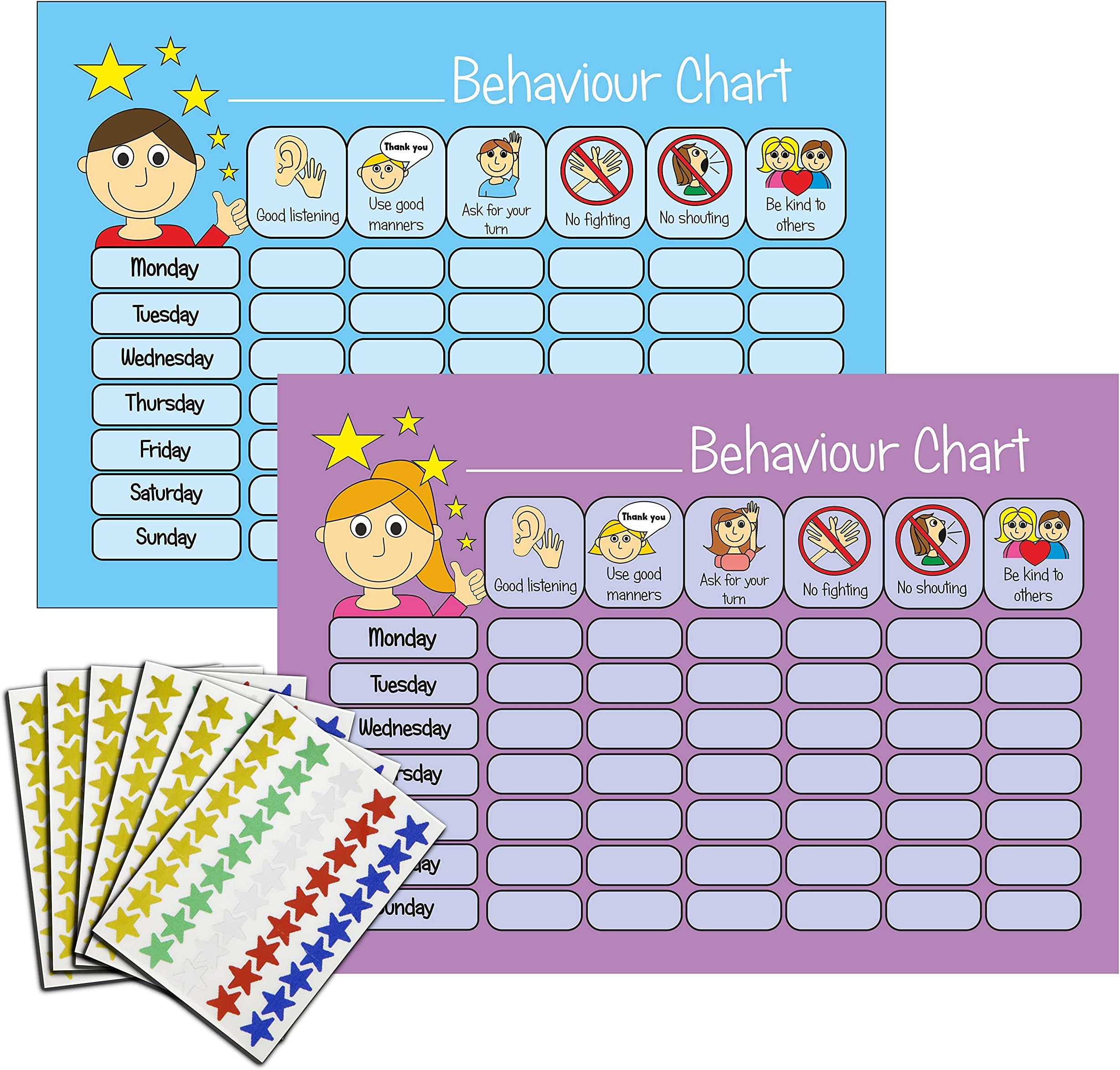 Behaviour Reward Charts for boys and girls Toddlers Twin Pack with 270 star stickers