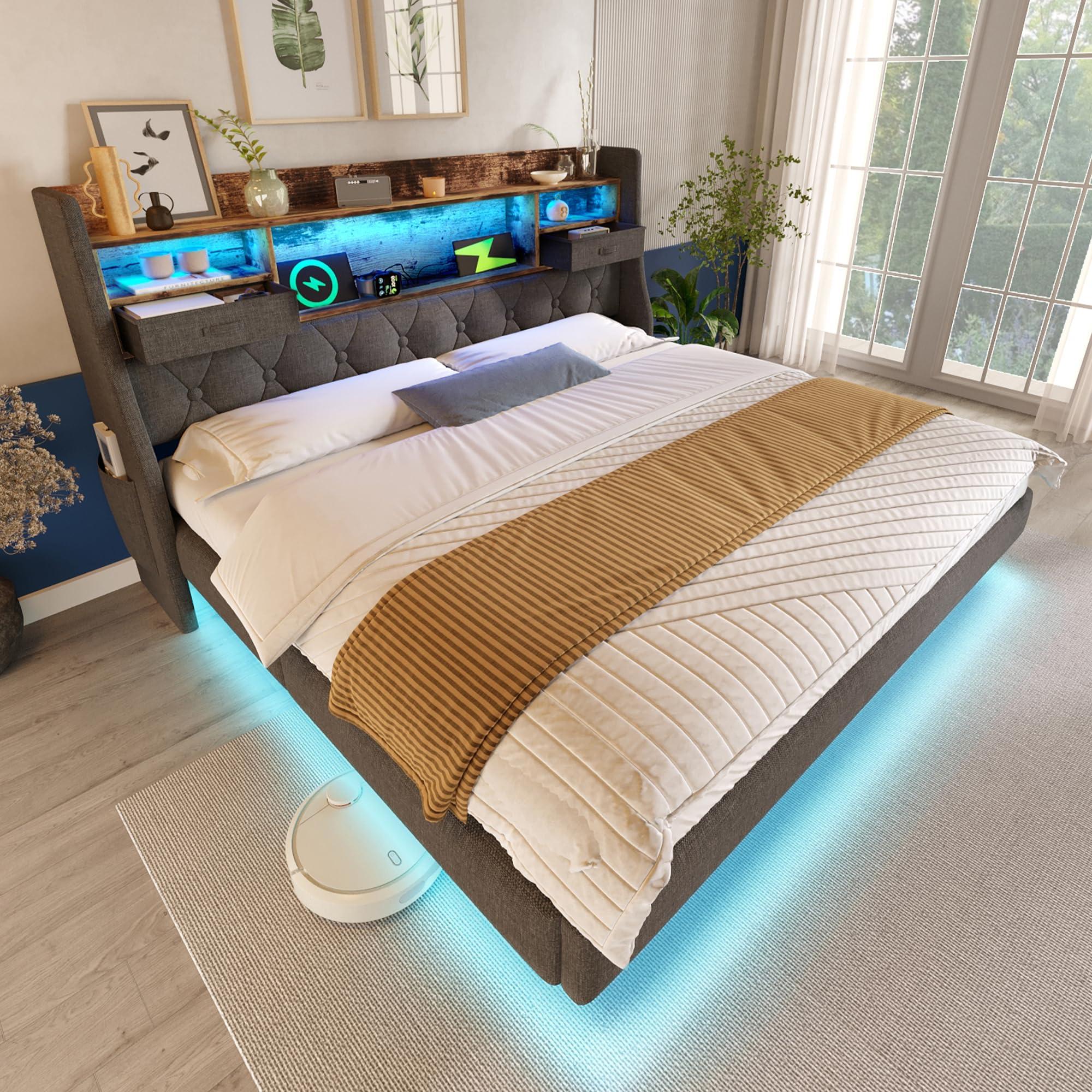 Ball & Cast 4ft6 Floating Double Bed Frame 135×190CM with LED Lights & Charging Station, Metal Platform Bed frame with Upholstered Headboard, Easy Assembly,Noise Free,No Box Spring Needed,Grey Linen