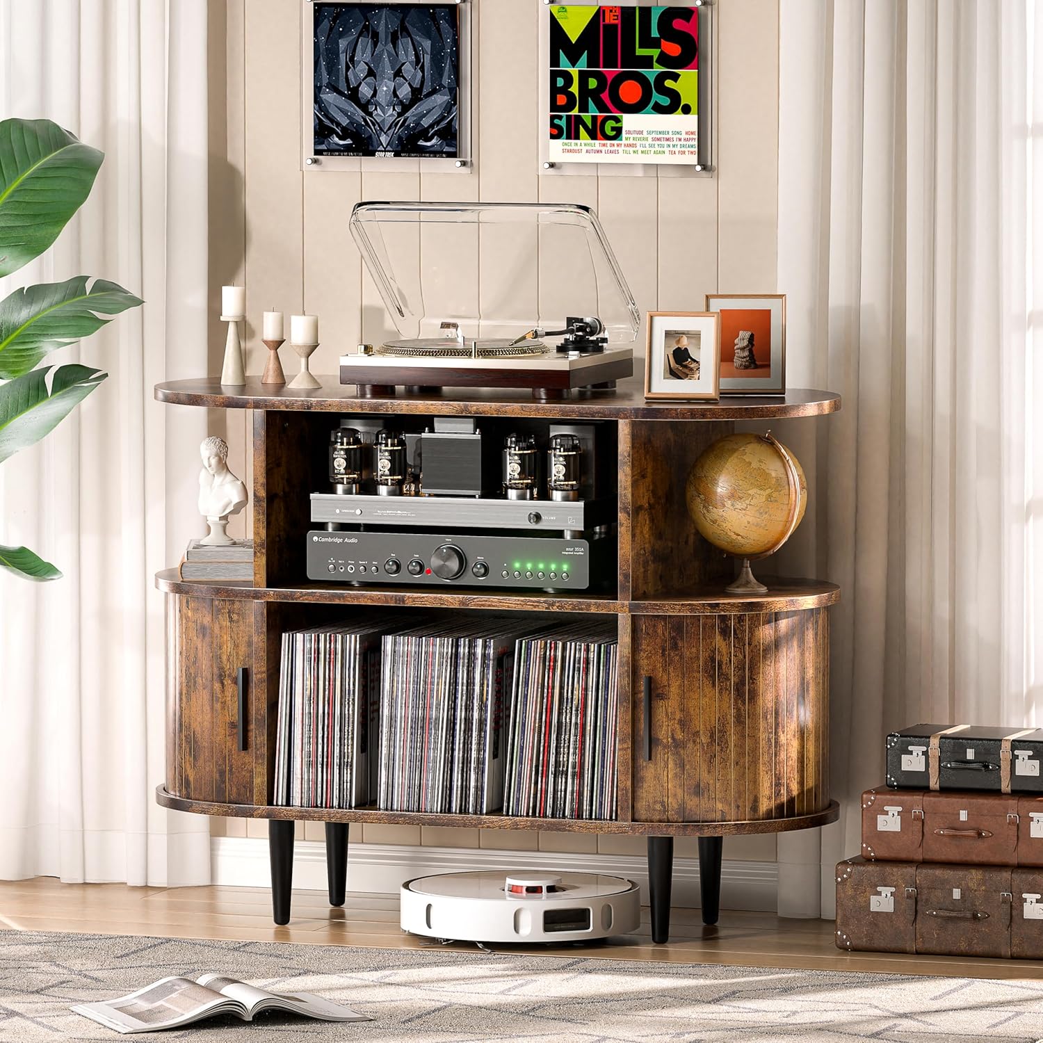 Large Record Player Stand with Storage and Shelves, Mid Century Modern Record Player Cabinet with Doors, Vinyl Record Player Table Holds 150+ Records for Living Room Bedroom (Brown)