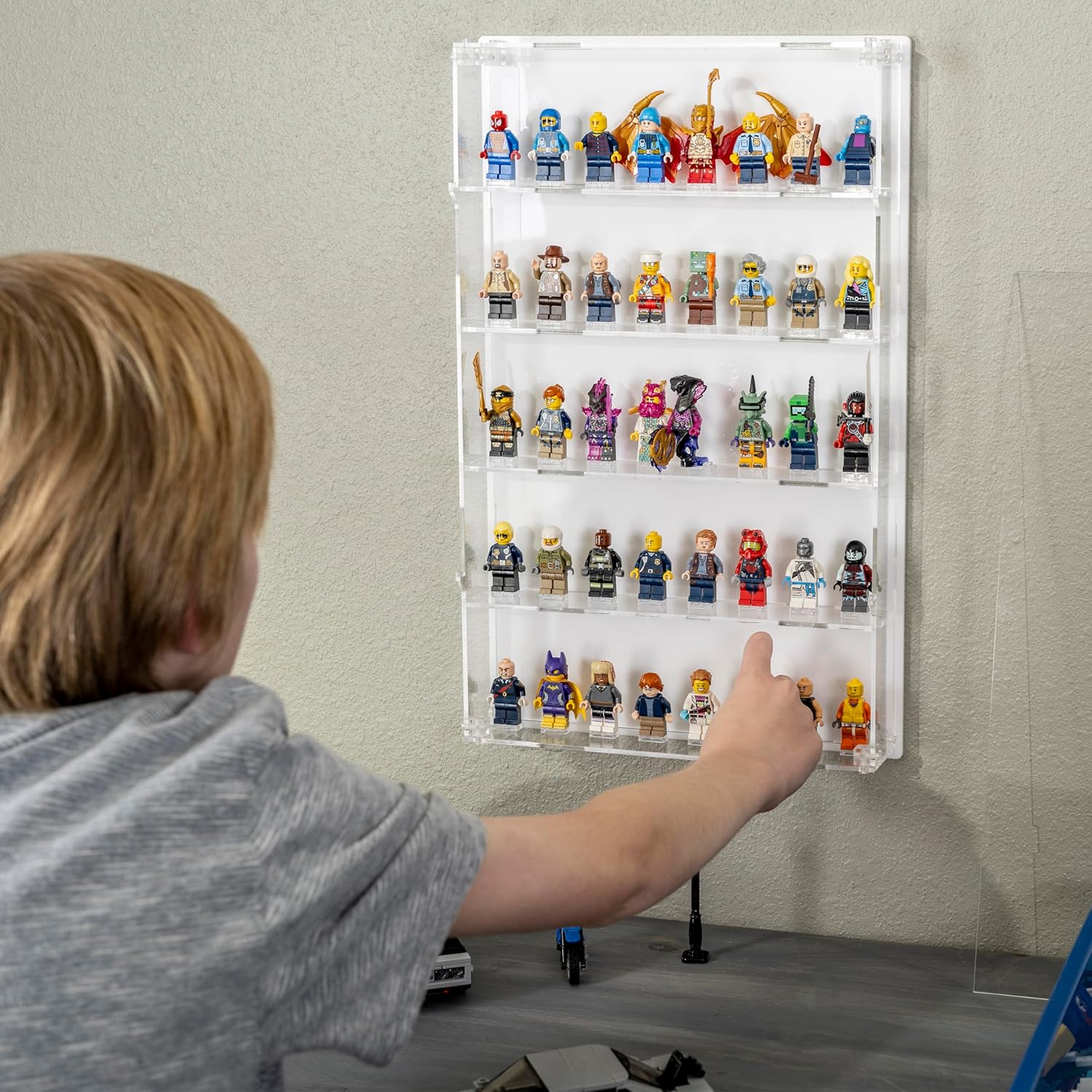 Acrylic Minifigure Display Case - Wall Mount Mini Figure Storage Shelves with White Background - Holds 40 Tall Minifigs - Clear Shelf Box for Large Minifigures - Stands & Extra Accessories