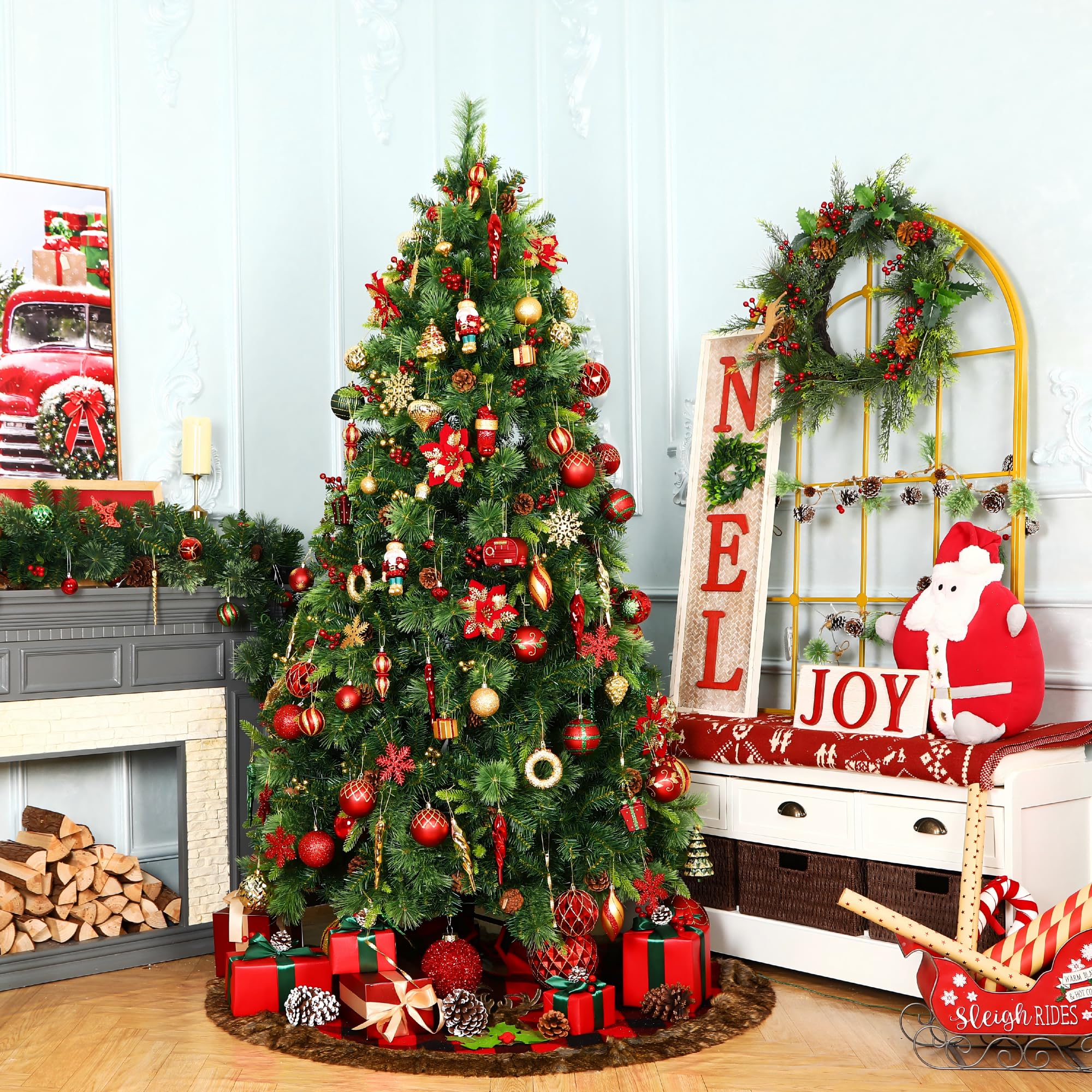 SHareconn Juego de 135 Piezas de Adornos Arbol Navidad, Adornos Bolas de Plástico Irrompibles con Cordón, Decoración Arbol de Navidad, Grandes Decoracion para Bodas (Rojo y Dorado)