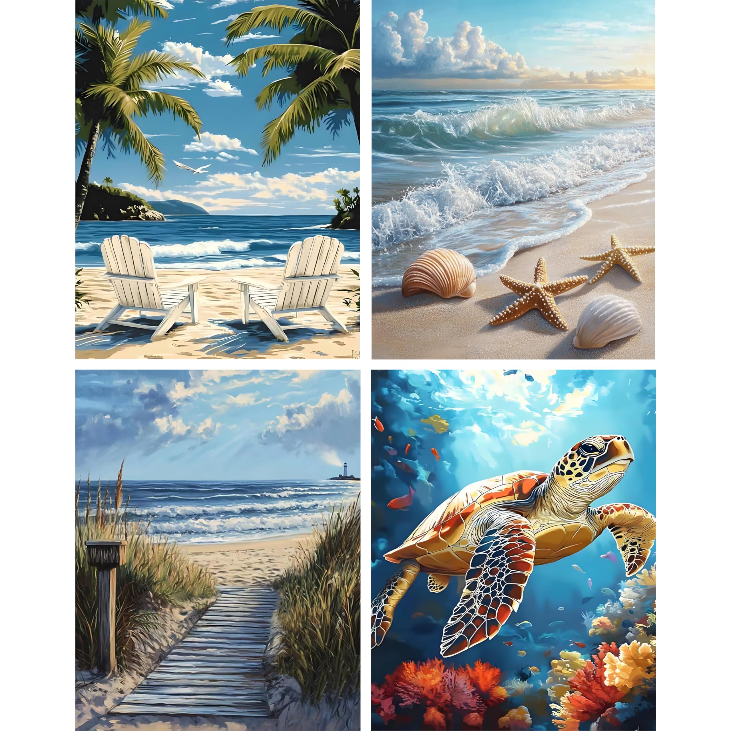 Hongyrjy 4 Pack Paint by Numbers for Adults-Beach Painting by Numbers for Adults,Canvas Paint by Numbers,Perfect for Gifts and Home Wall Decor 12x16in