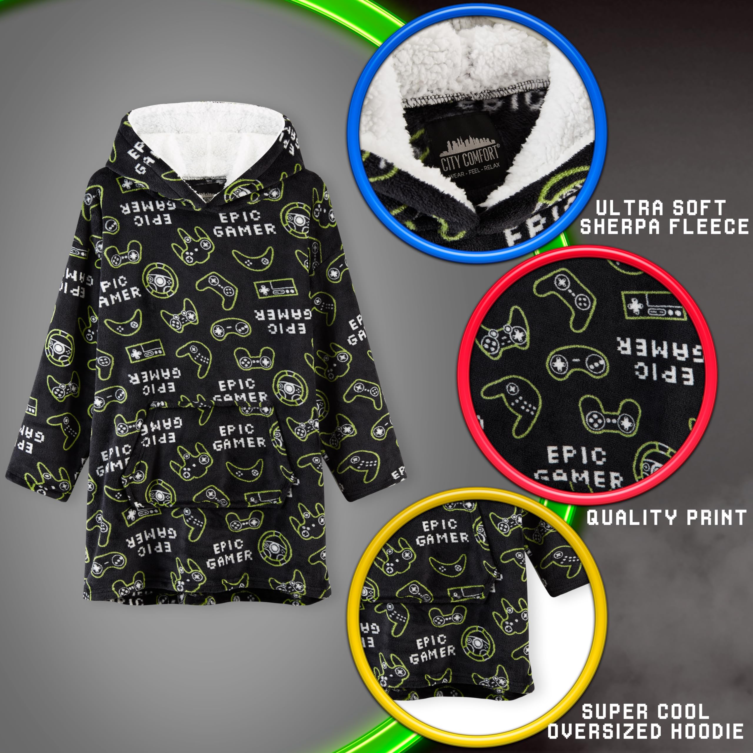 CityComfort Felpa Coperta Bambino - Felpe Oversize con Cappuccio in Morbido Pile Taglia Unica - Regalo per Gamer